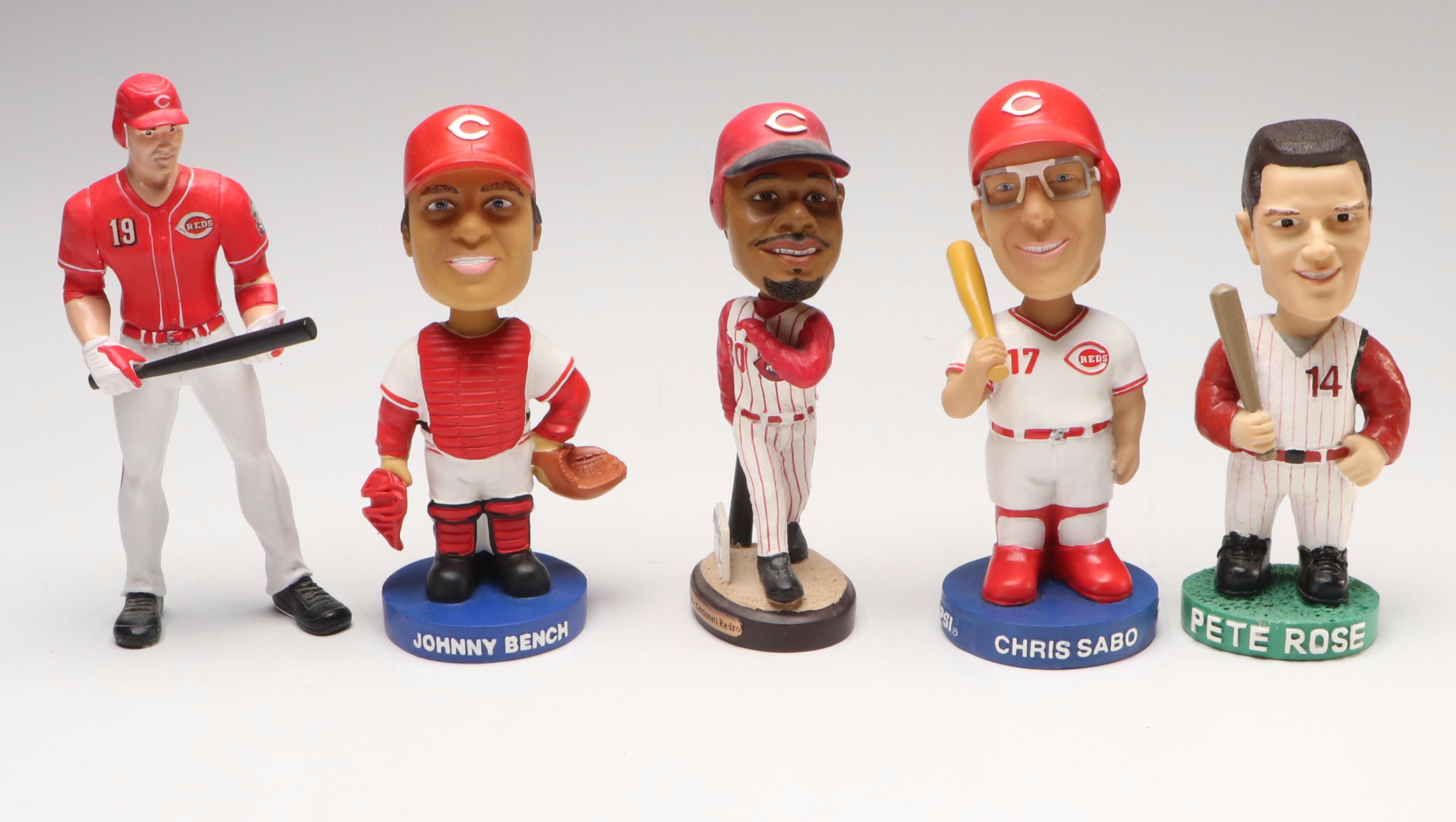 Signed Johnny Bench with Other Cincinnati Reds Bobbleheads and Figurine