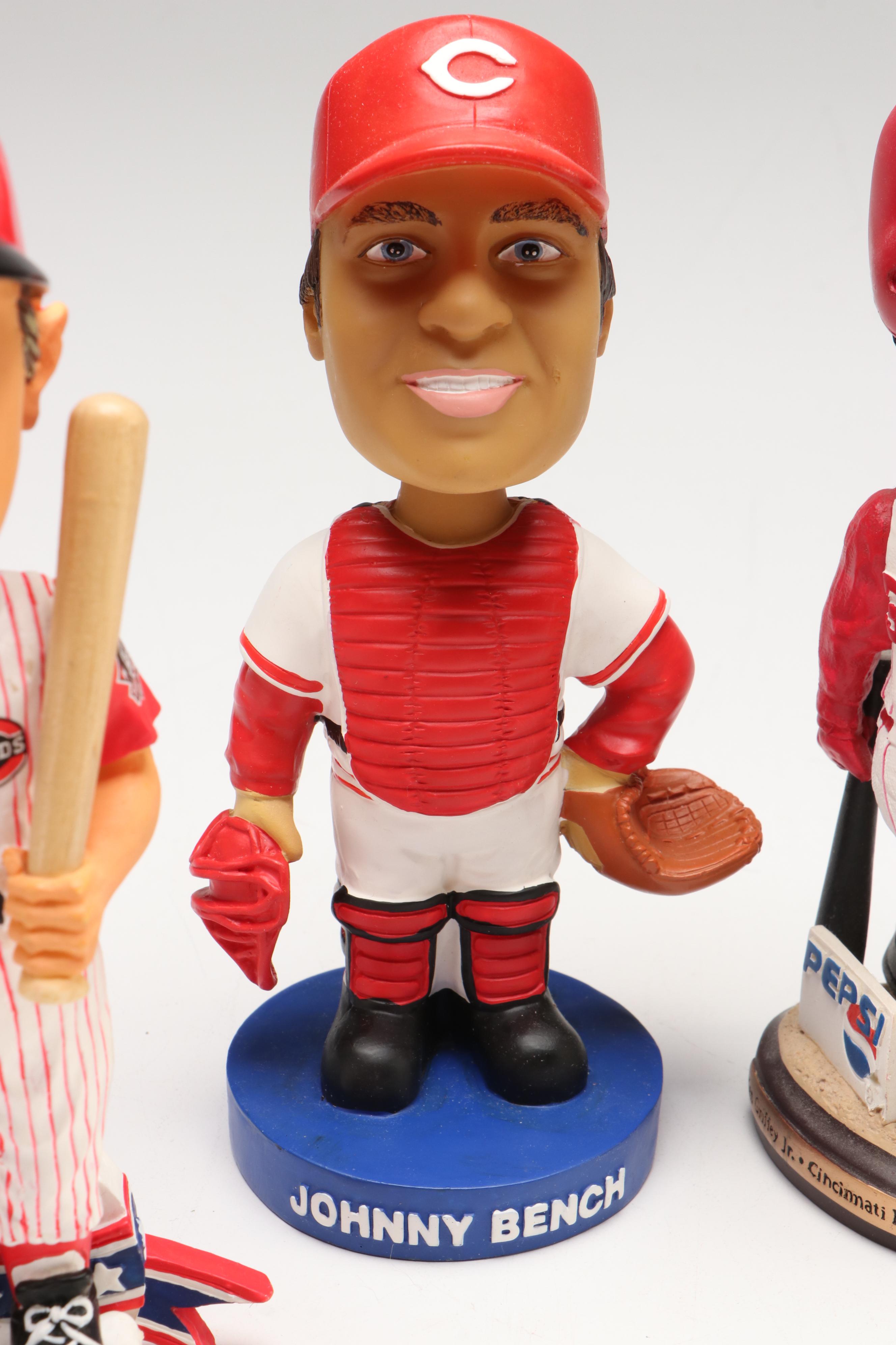 Signed Johnny Bench with Other Cincinnati Reds Bobbleheads and Figurine