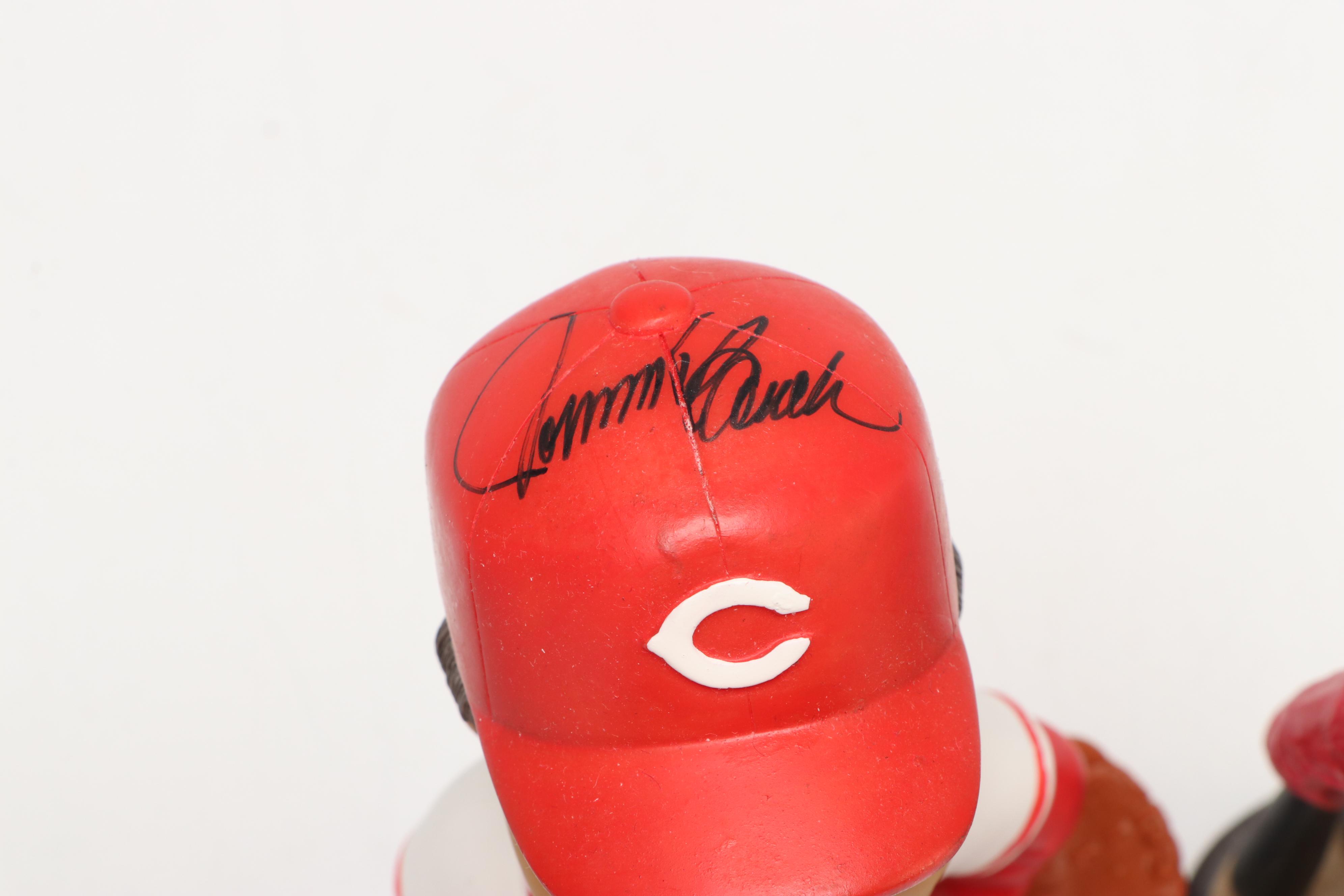 Signed Johnny Bench with Other Cincinnati Reds Bobbleheads and Figurine