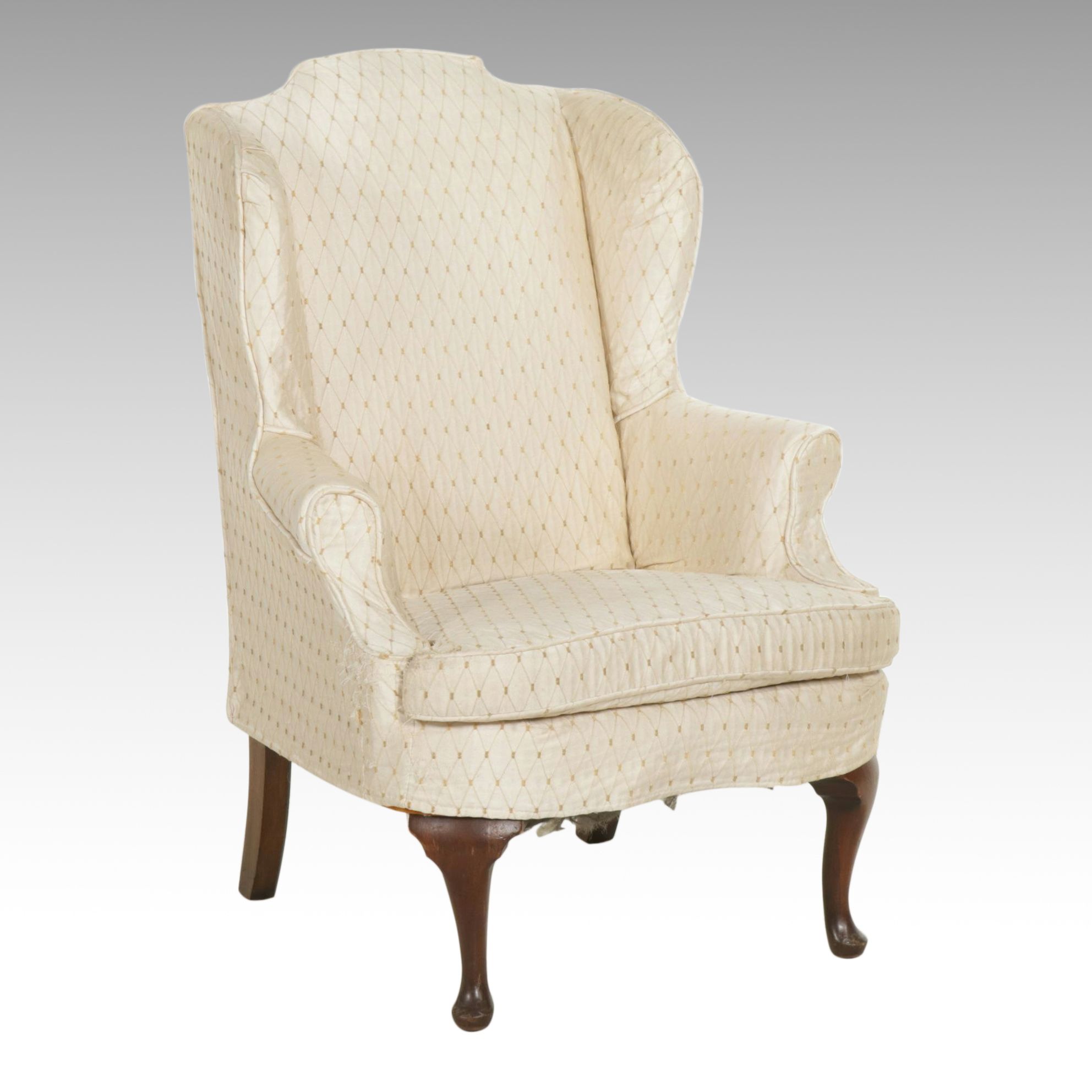 Queen Anne Style Wingback Armchair with Slipcover Upholstery