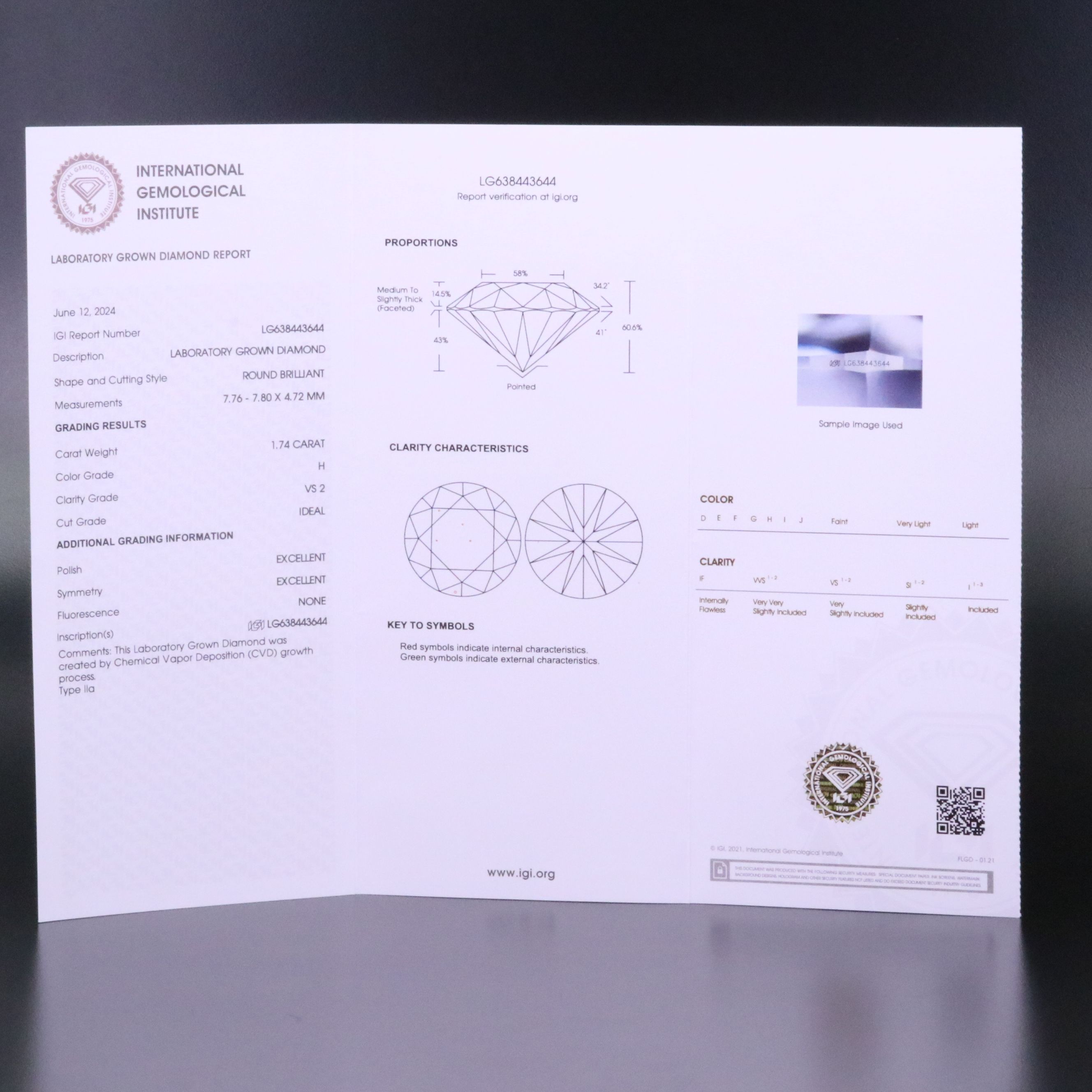 Loose 1.74 CT Lab Grown Diamond with IGI Report