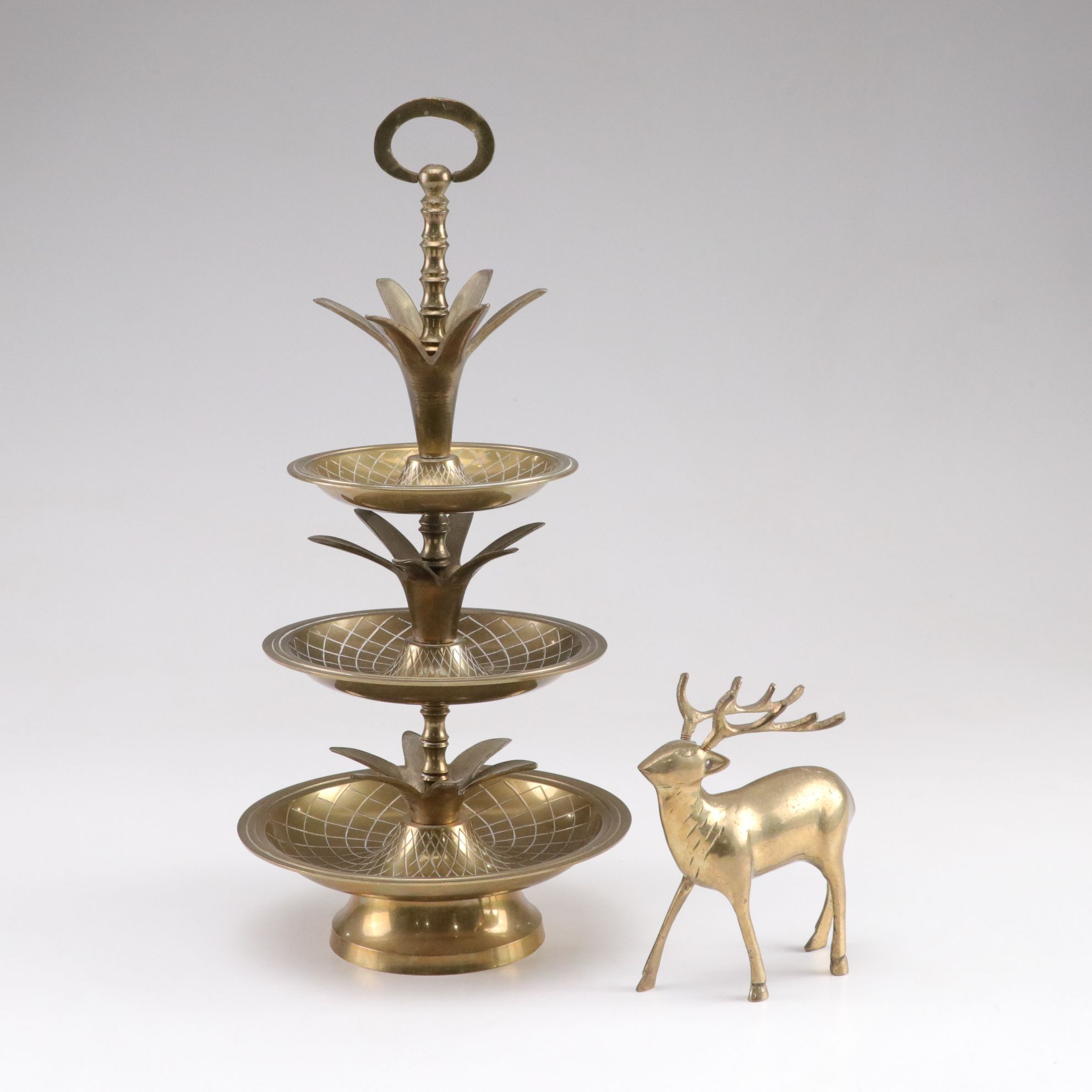 Brass Three-Tier Tower Tray & Deer Figurine