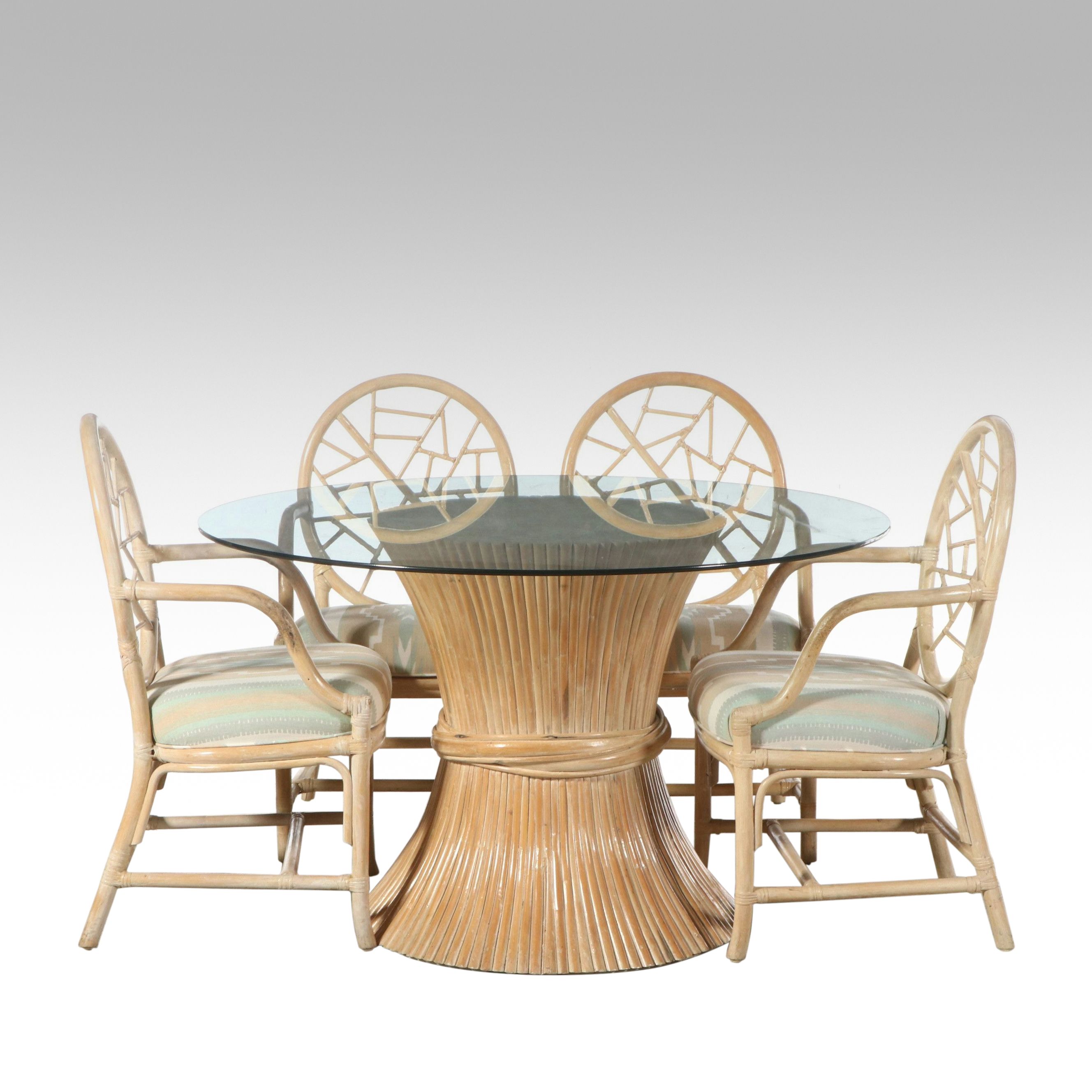 Glass Top Rattan Wheat Sheaf Table with Four "Cracked Ice" Stye Chairs