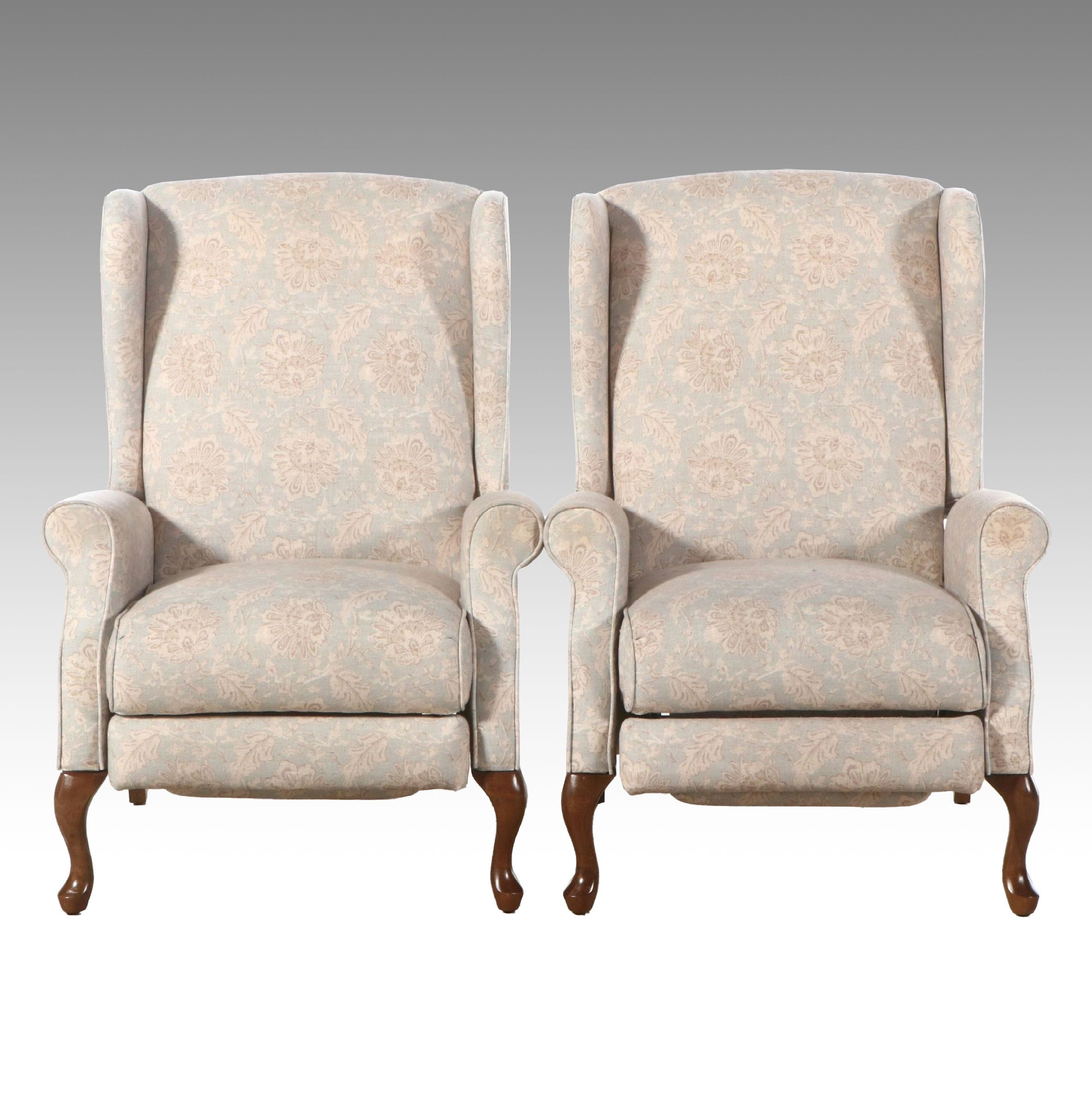 Pair of Queen Anne Style Wingback Recliners, Late 20th Century