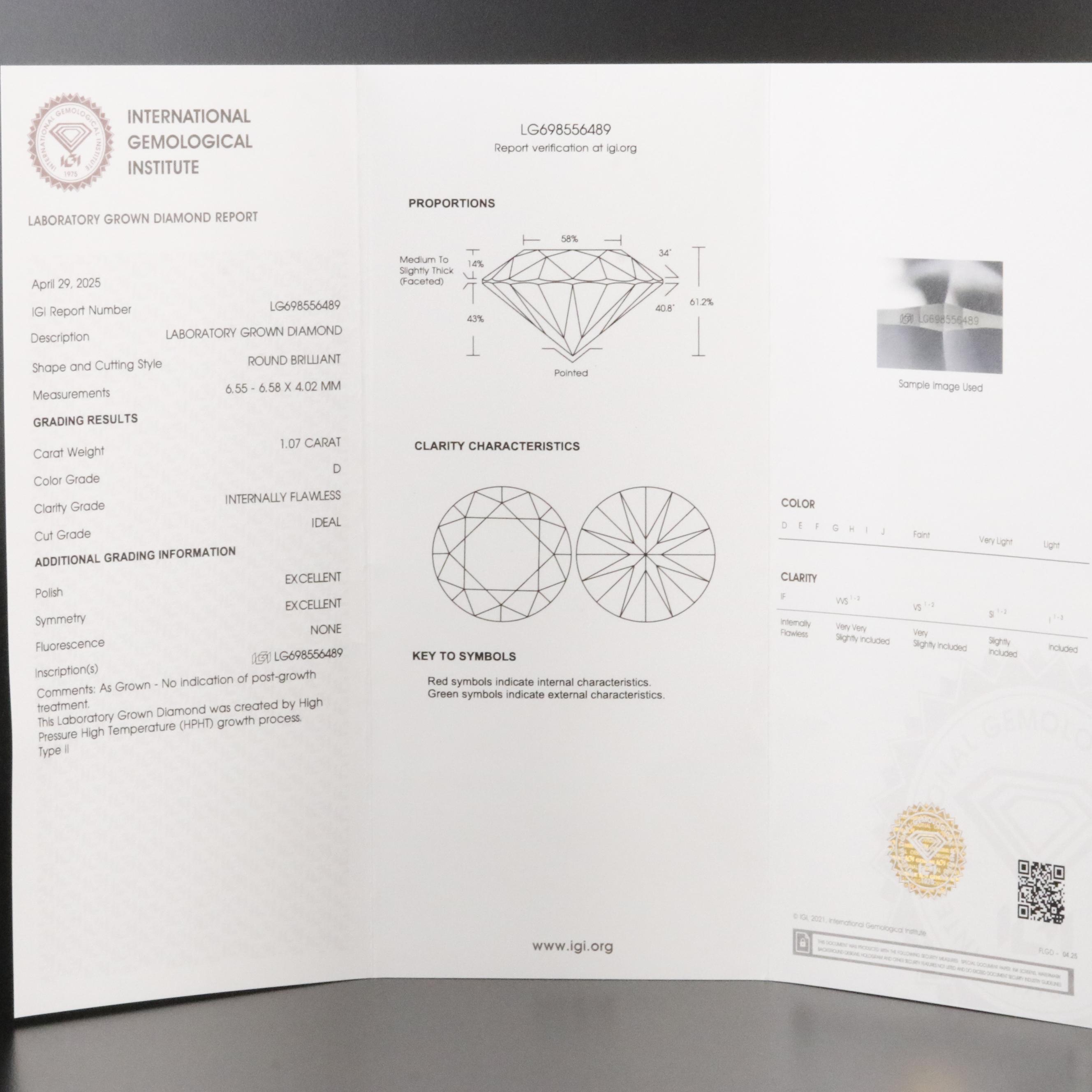 Loose 1.07 CT Lab Grown Internally Flawless Diamond with IGI Report