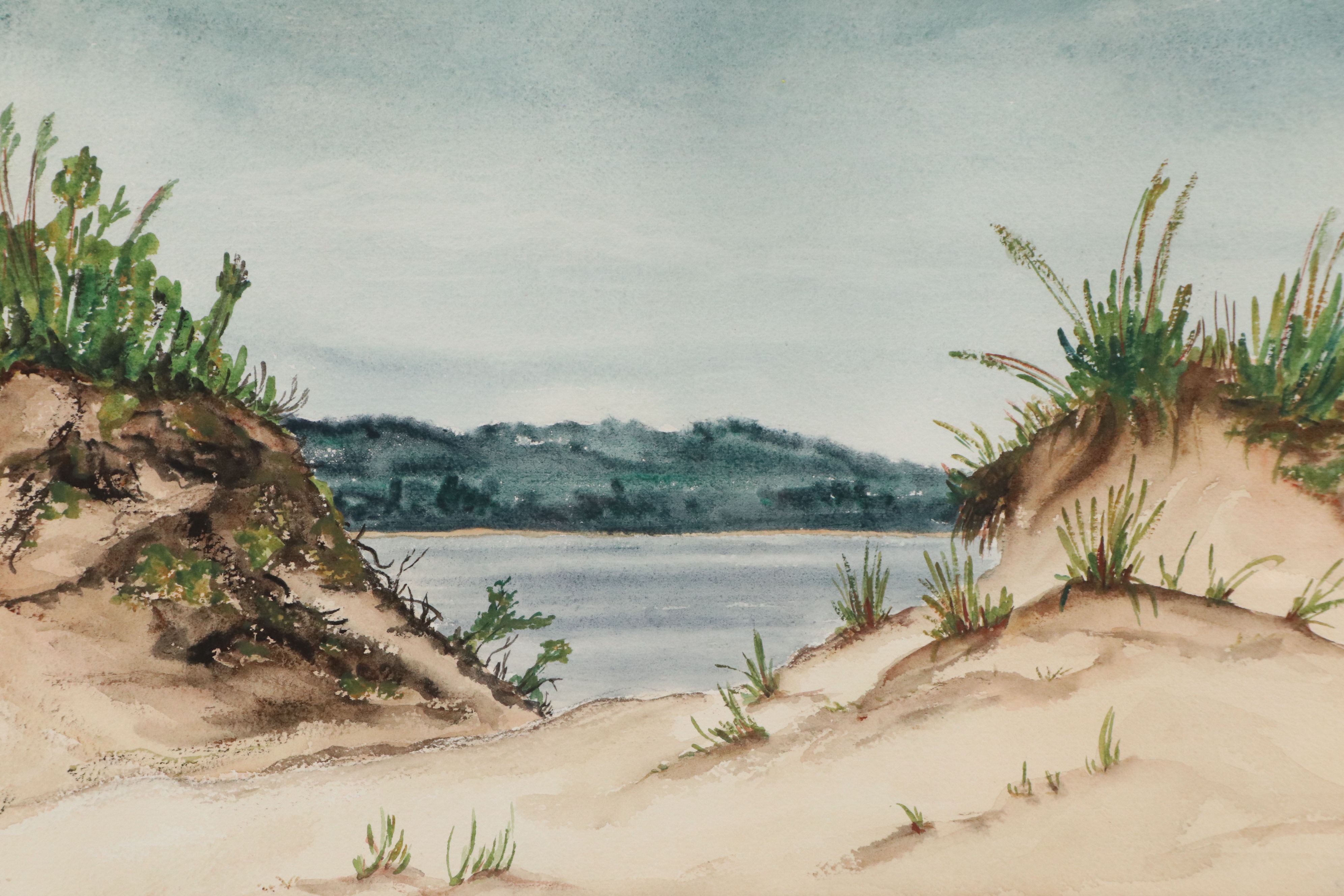 Watercolor Painting of Rugged Beach Landscape, Mid-20th Century