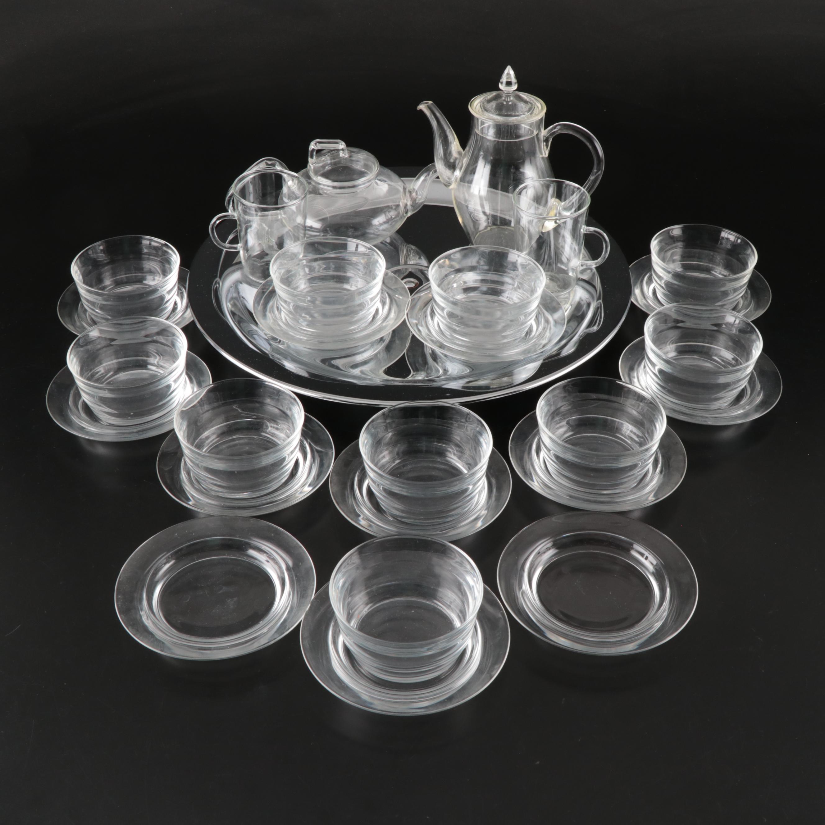 Kromex Metal Lazy Susan and Other Glass Teapots with Bowls and Underplates