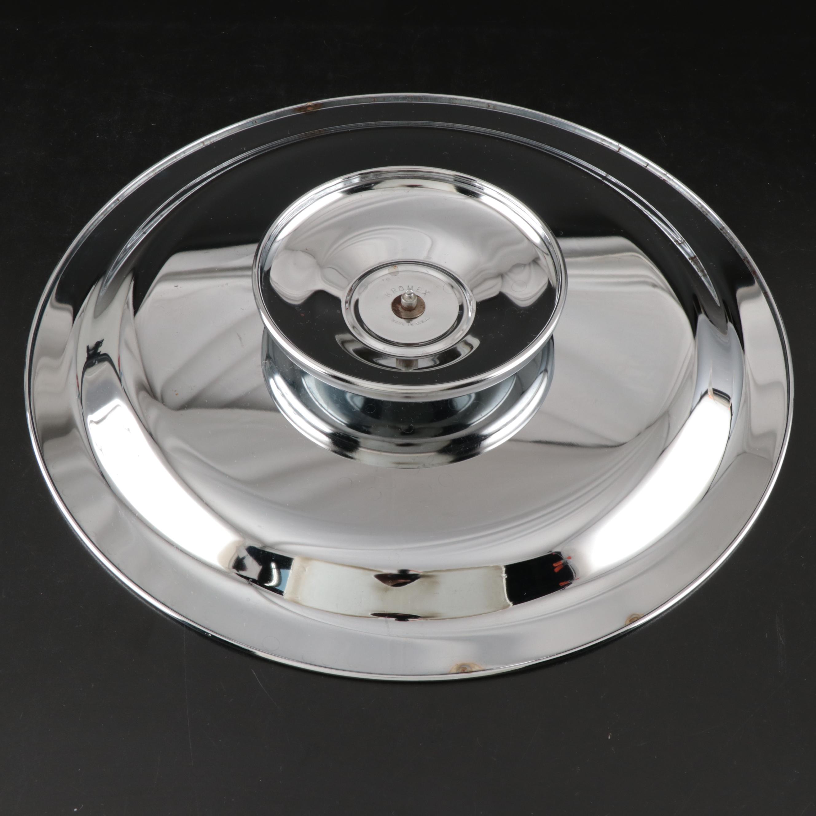 Kromex Metal Lazy Susan and Other Glass Teapots with Bowls and Underplates