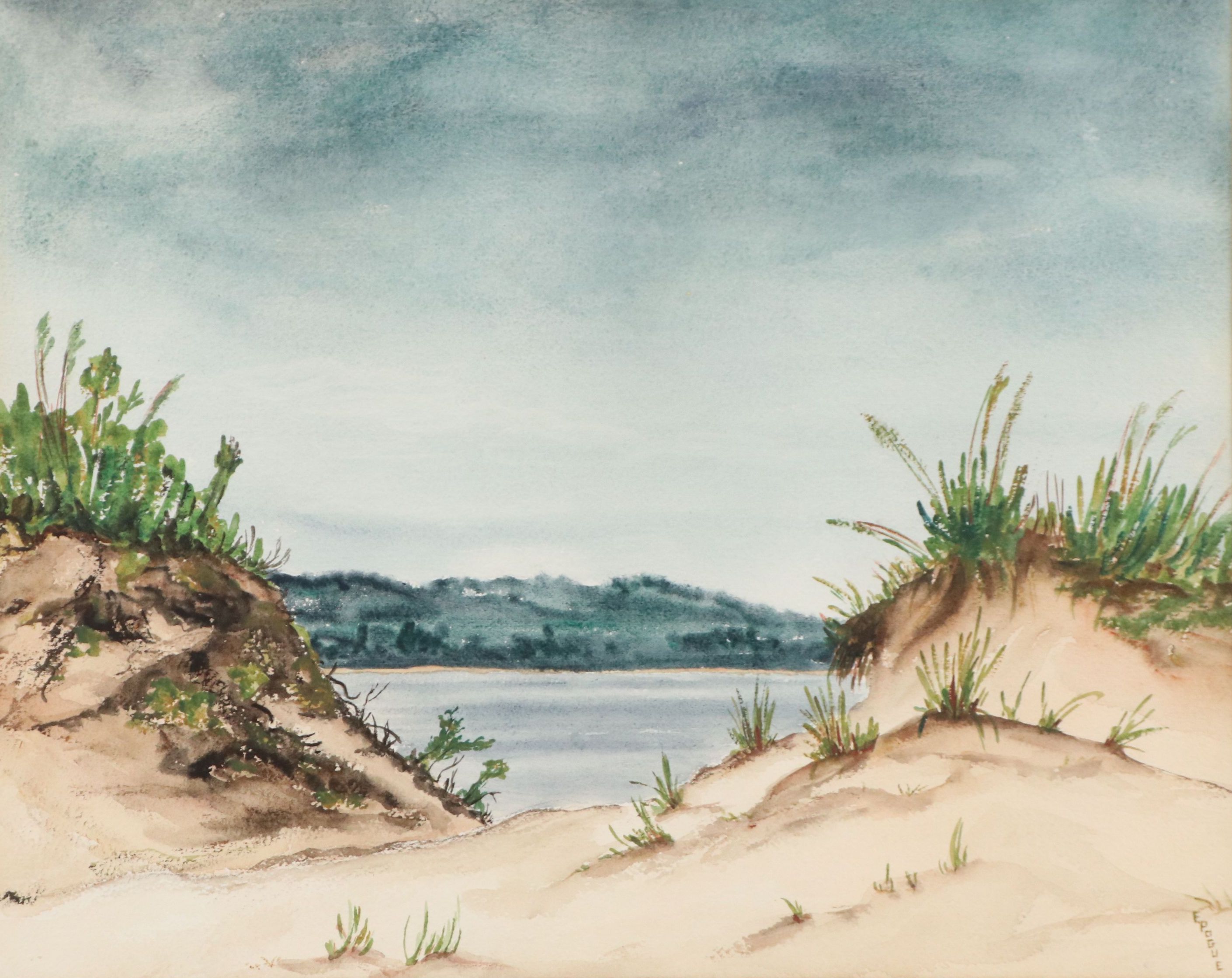Watercolor Painting of Rugged Beach Landscape, Mid-20th Century