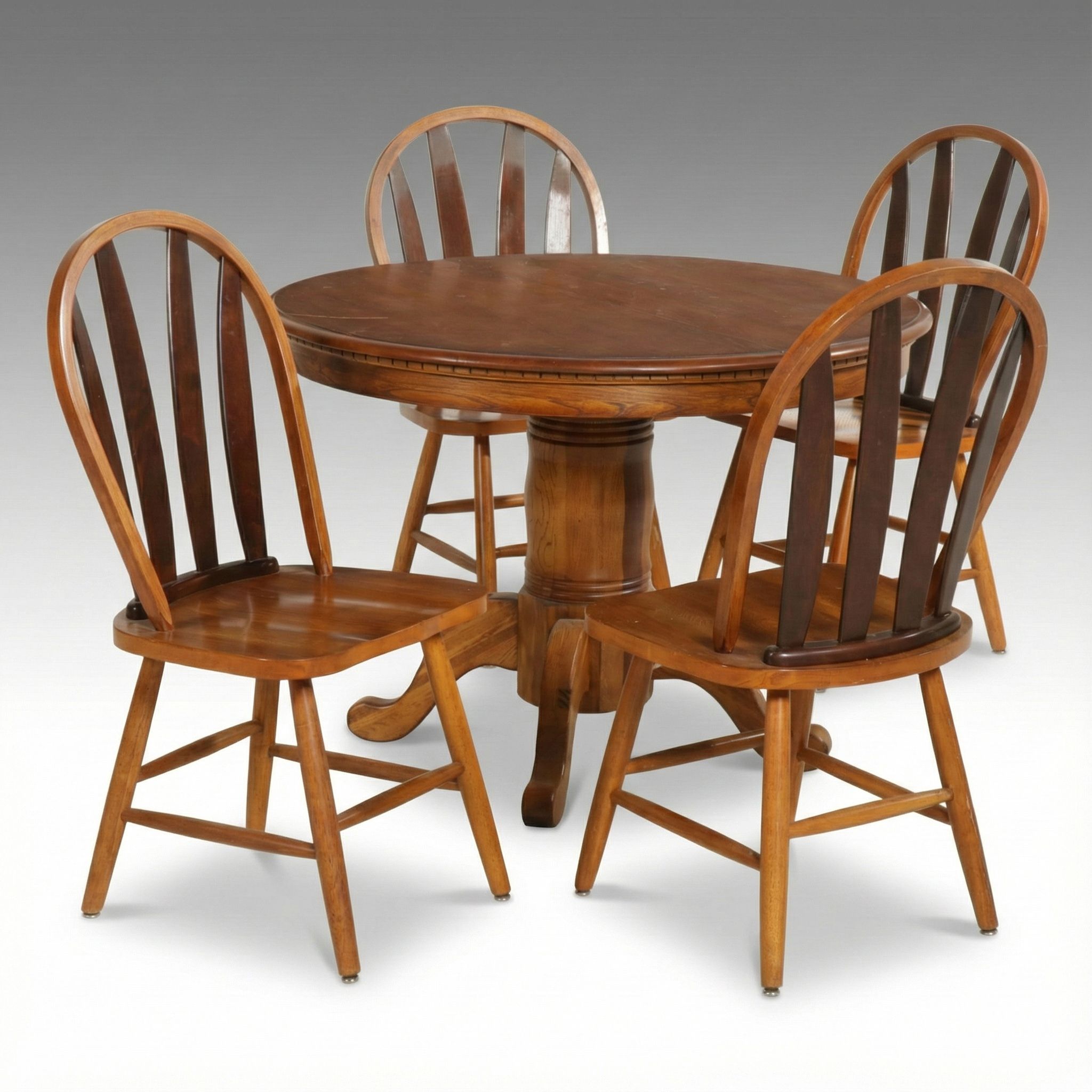 Oak Pedestal Dining Table with Four Hoop-Back Chairs