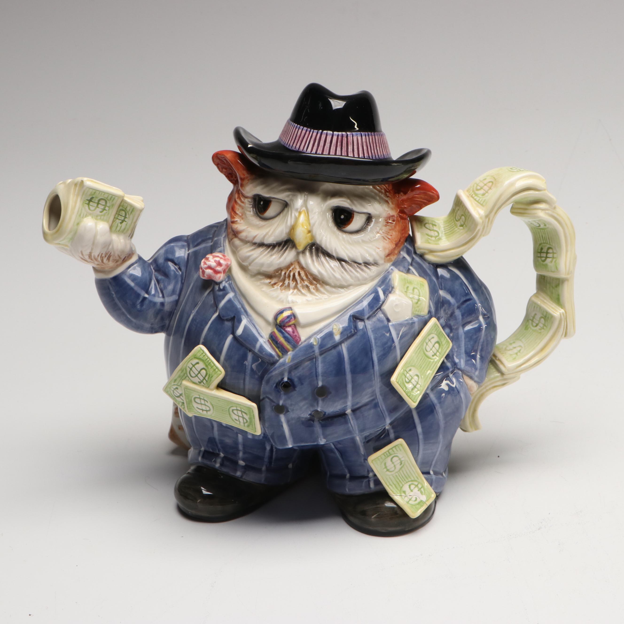 Fitz & Floyd "Owl Capone" with More Art Pottery Teapots and Creamers