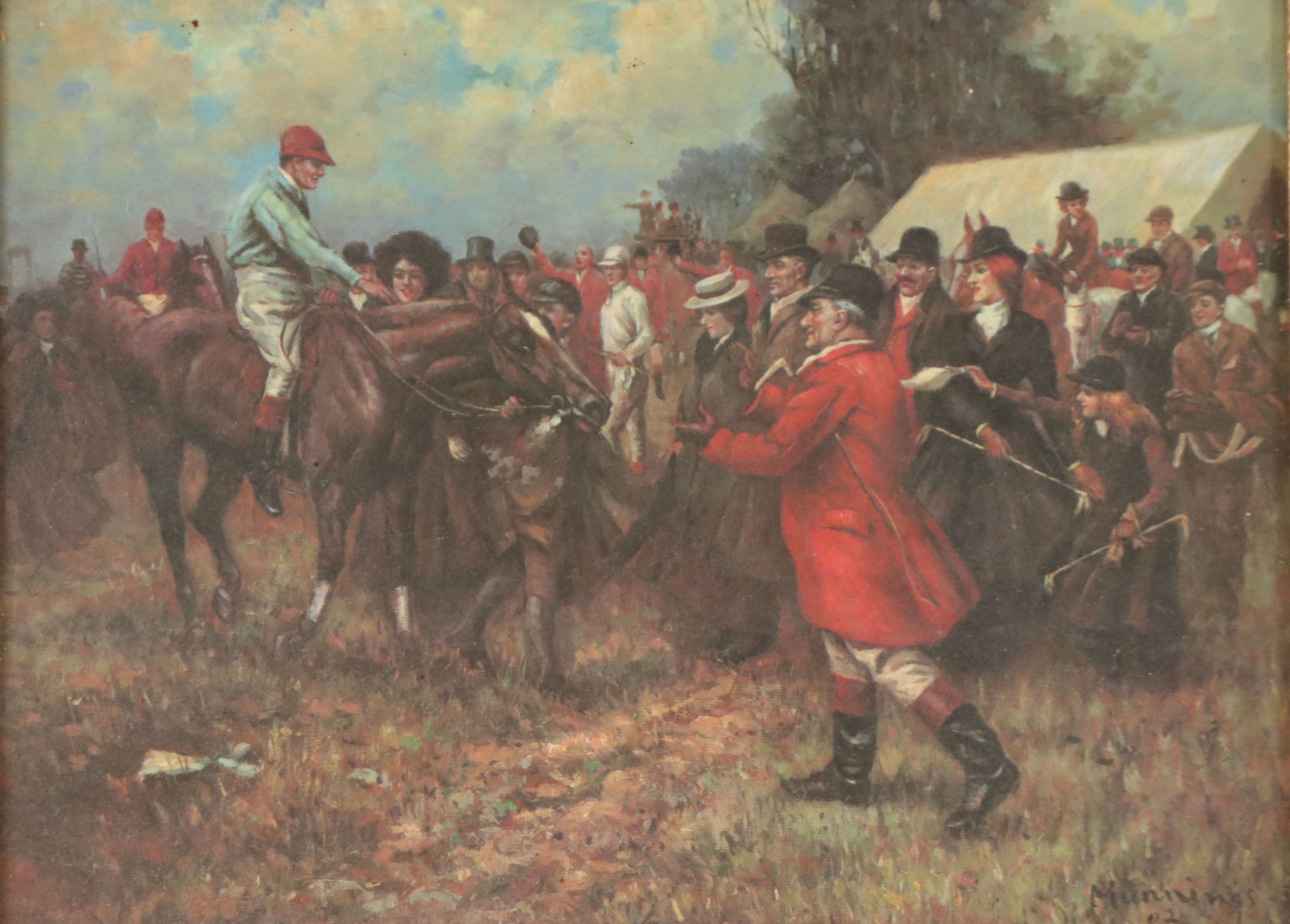 Style of Sir Alfred James Munnings Oil Painting of Horse Racing Scene