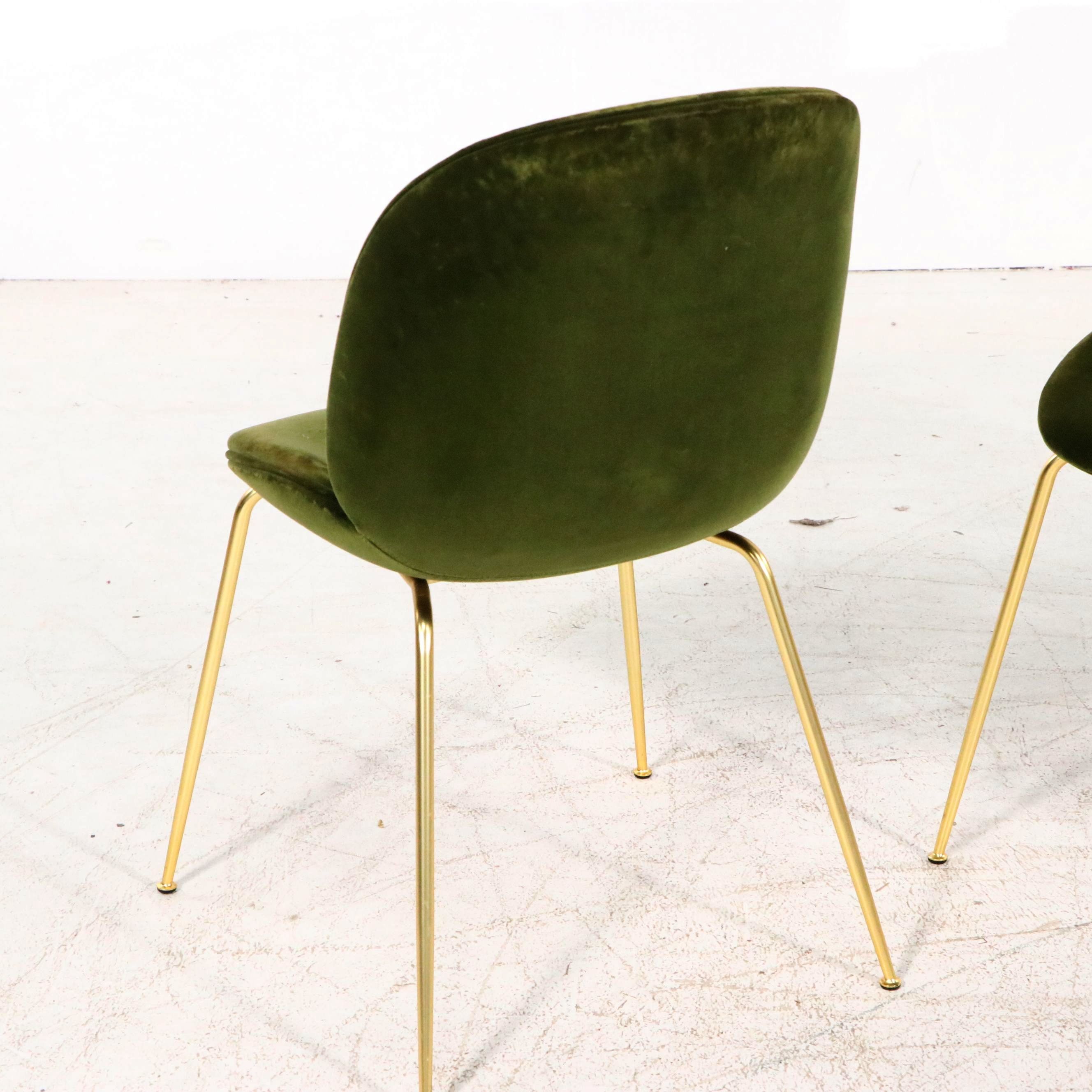 Set of Four Gubi "Beetle" Green Velvet Upholstered Dining Chairs