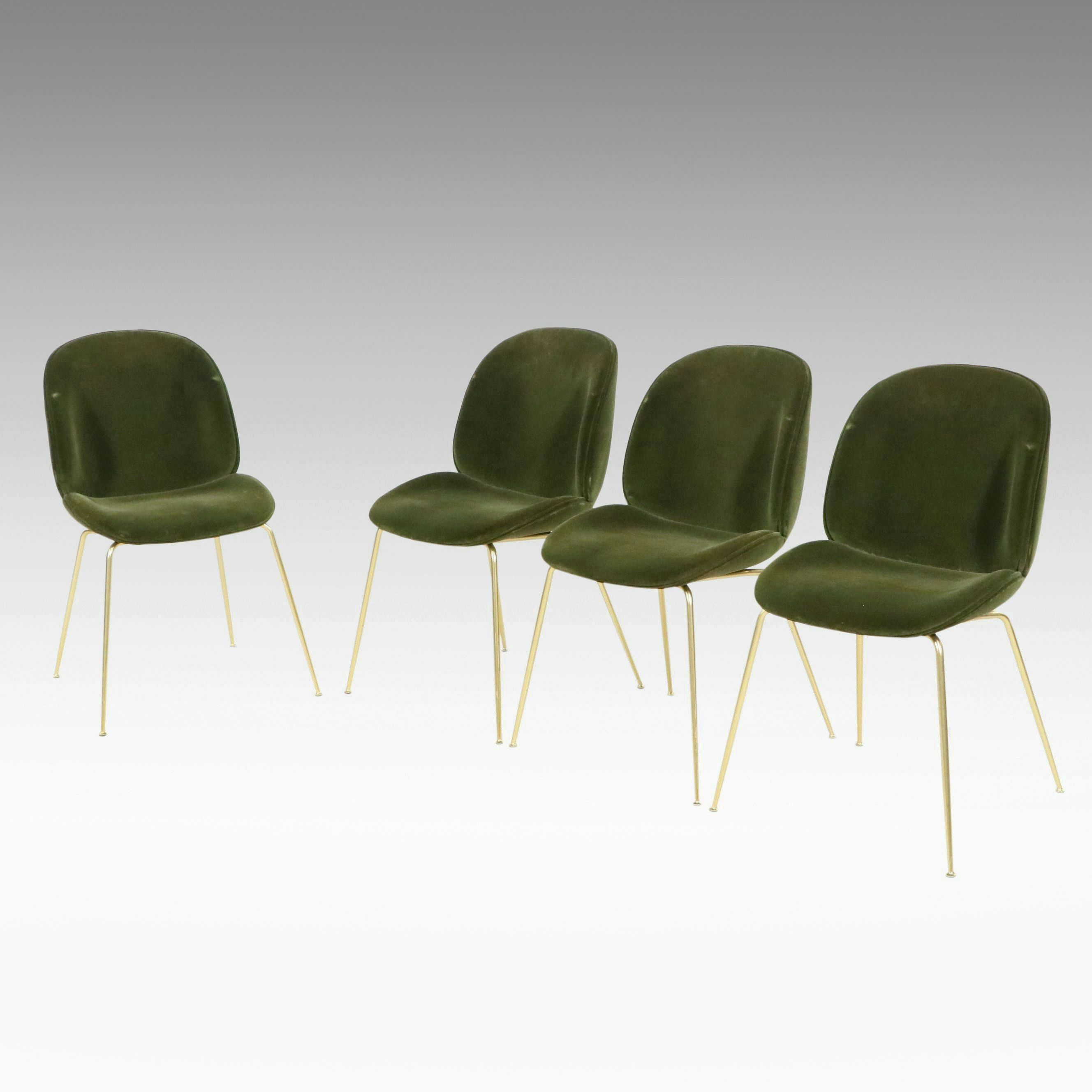 Set of Four Gubi "Beetle" Green Velvet Upholstered Dining Chairs