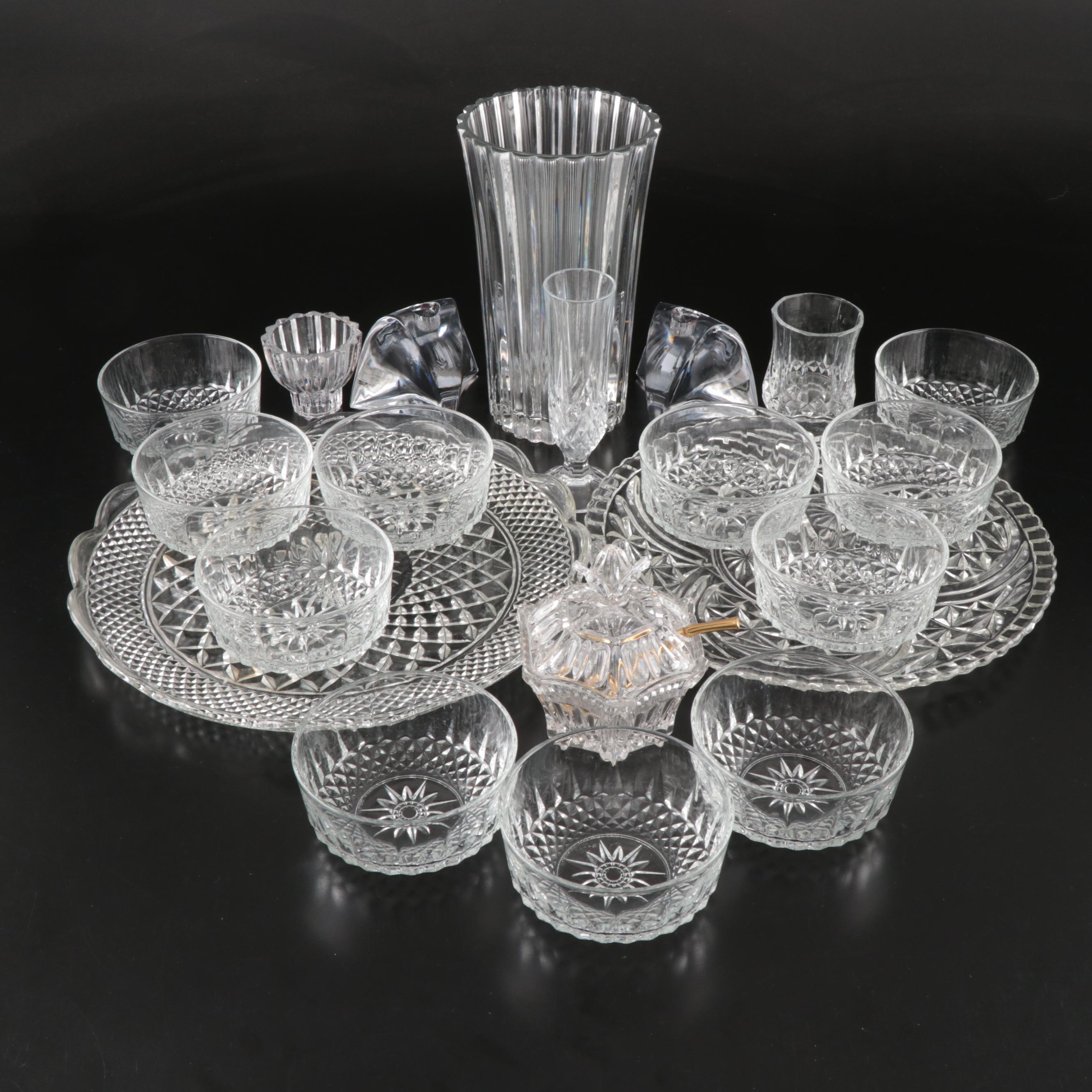 Mikasa Crystal Candlesticks with Arcoroc Glass Bowls and Other Serverware