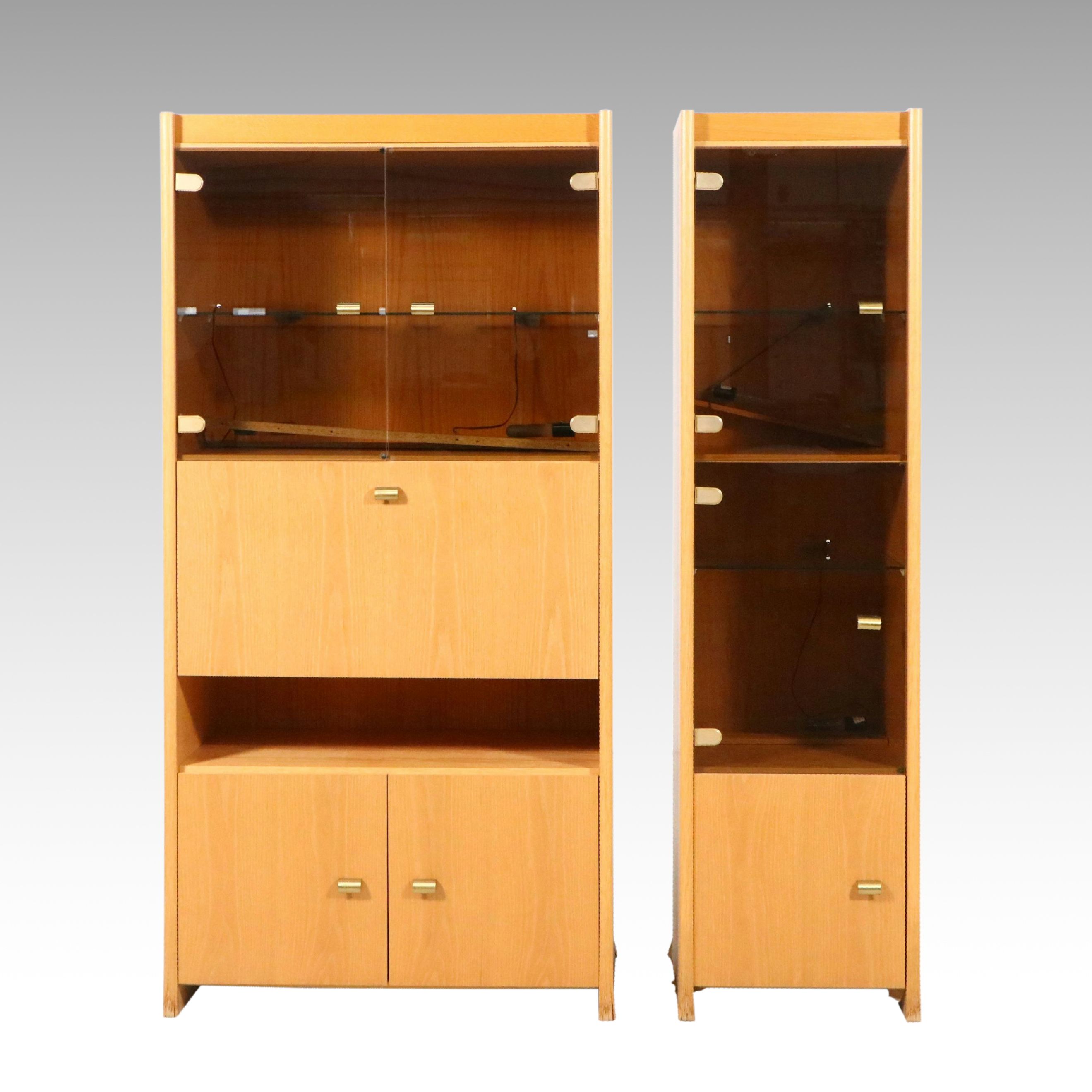 Scandinavian Modern Style Wooden Cabinets with Smoke Glass Doors