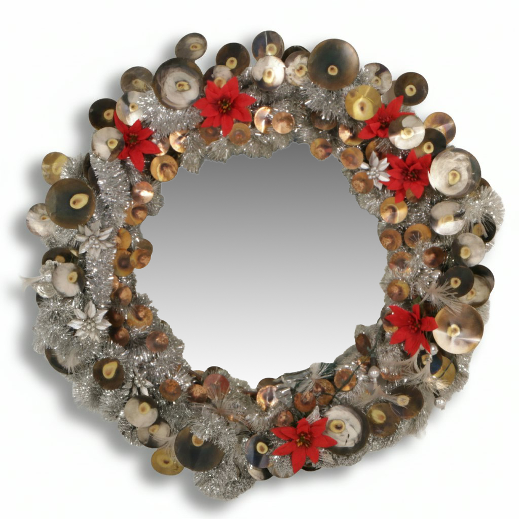 Christmas Light-Up Wall Mirror with Poinsettia and Tinsel Wreath Frame