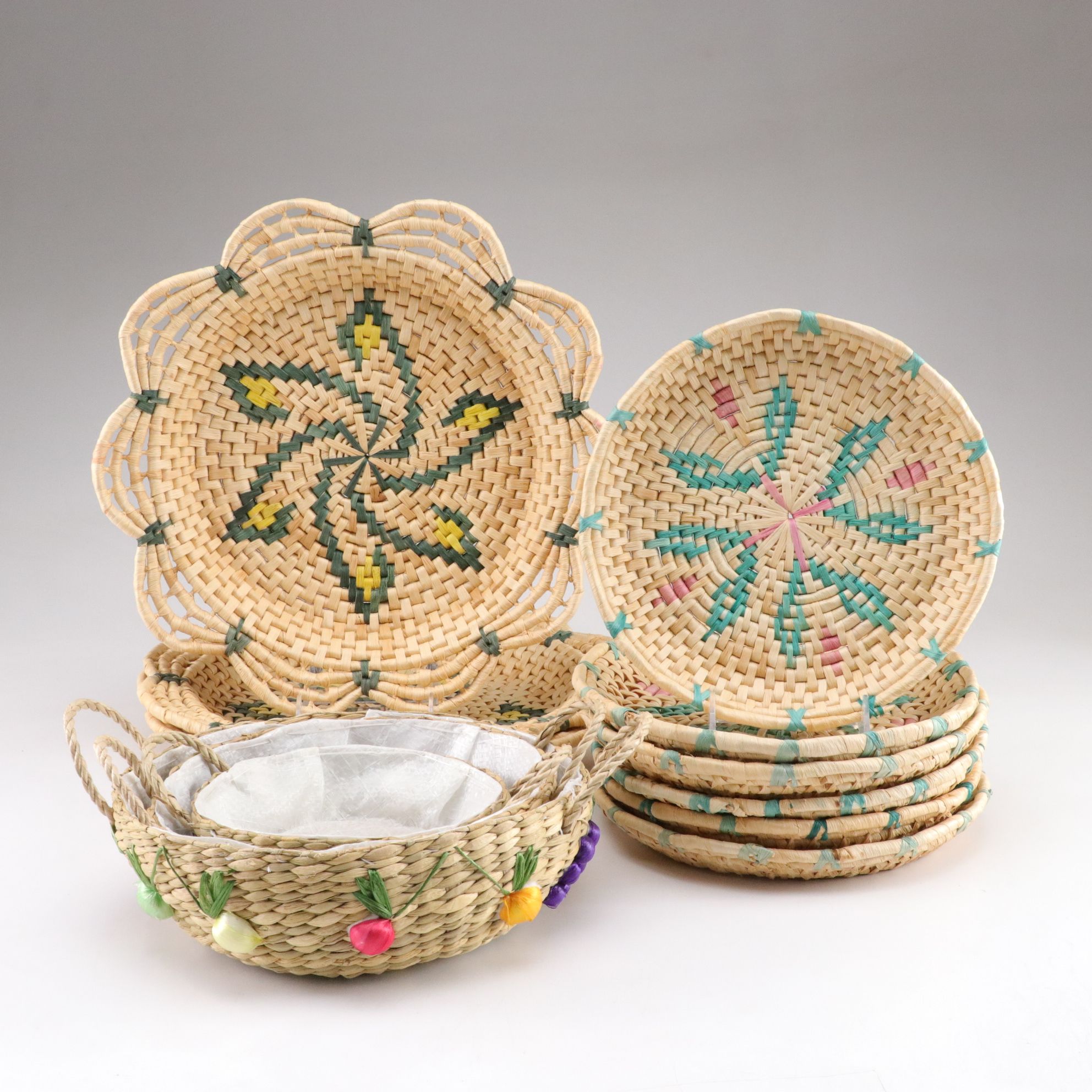 Handwoven Straw Baskets and Bowls with Bohemian Floral Motif