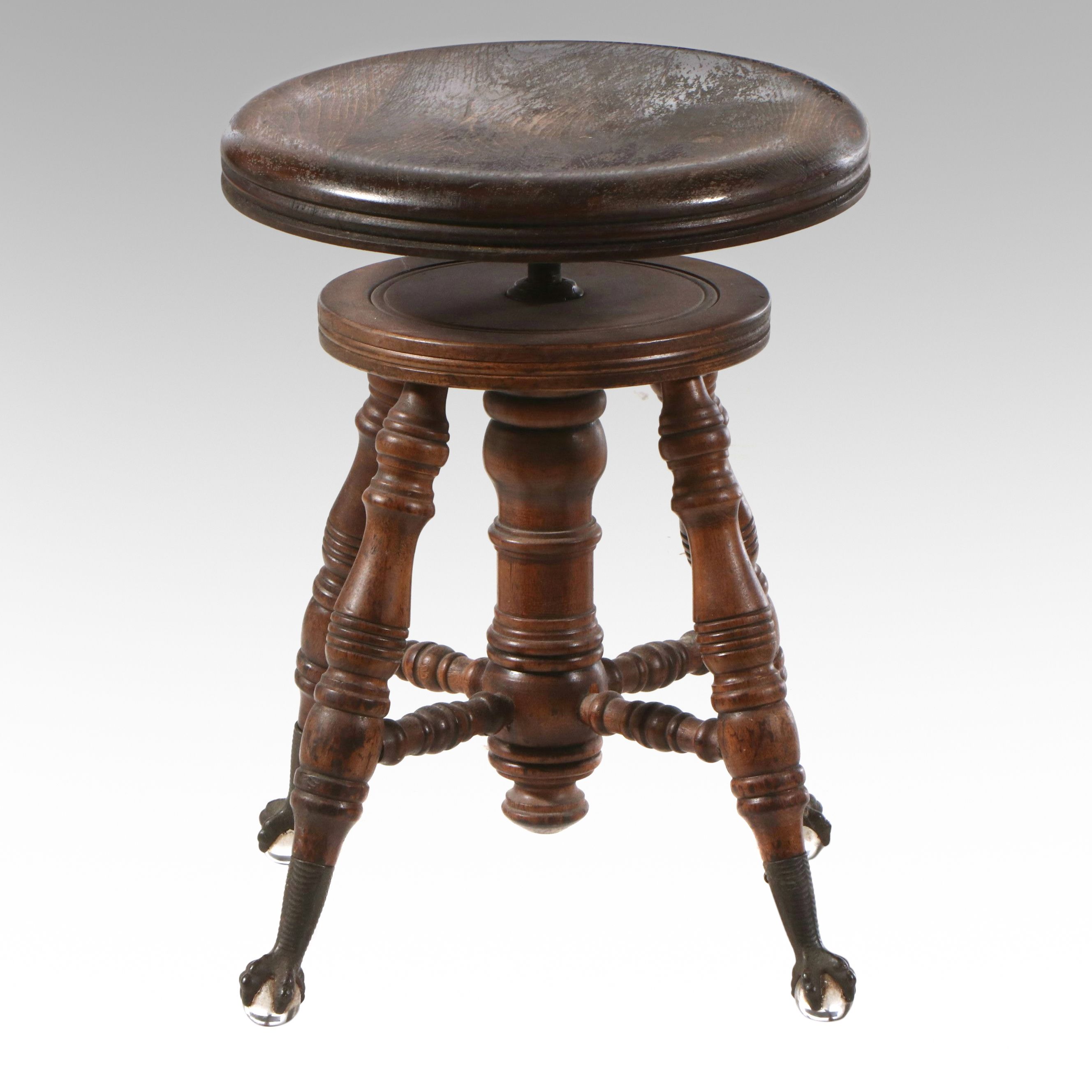 Victorian Swivel Adjustable Height Stool with Glass Ball and Brass Claw Feet