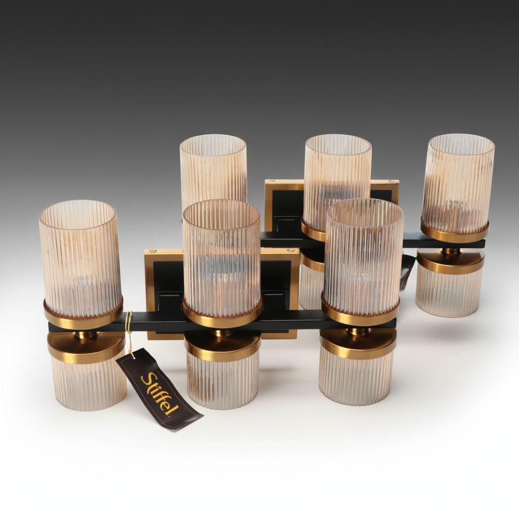 Pair of Stiffel "Palais" Three-Light Wall Sconces with Ribbed Glass Sconces