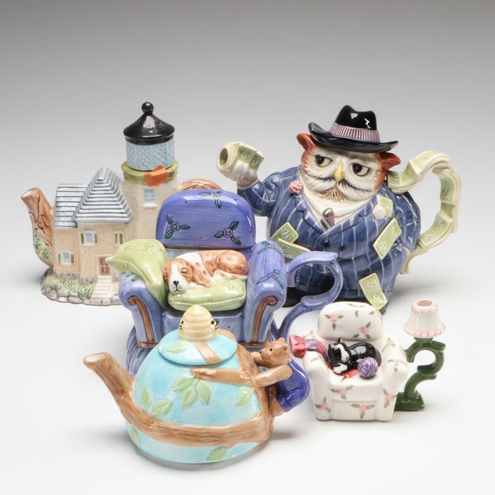 Fitz & Floyd "Owl Capone" with More Art Pottery Teapots and Creamers