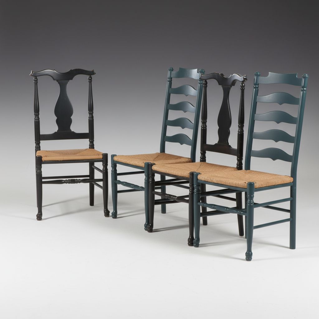 Painted Ladder-Back and Chippendale Style Chairs with Rush Seats