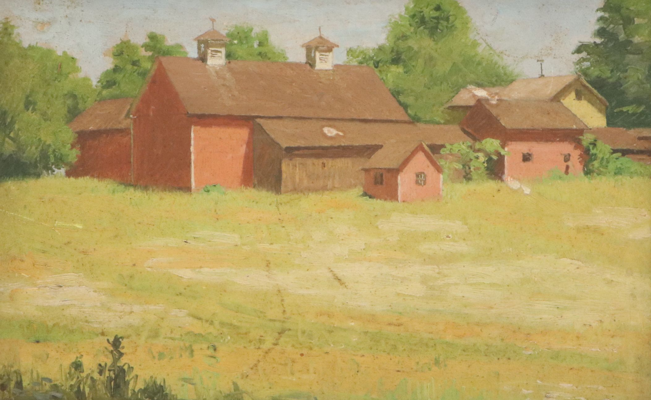 James Longacre Wood Rural Landscape Oil Painting of Red Barn, Circa 1920