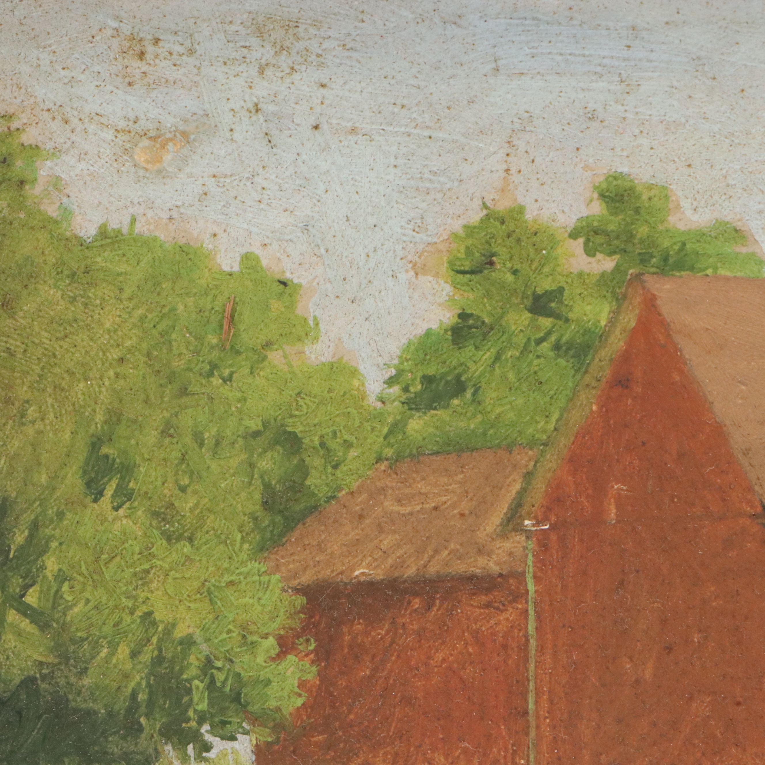 James Longacre Wood Rural Landscape Oil Painting of Red Barn, Circa 1920