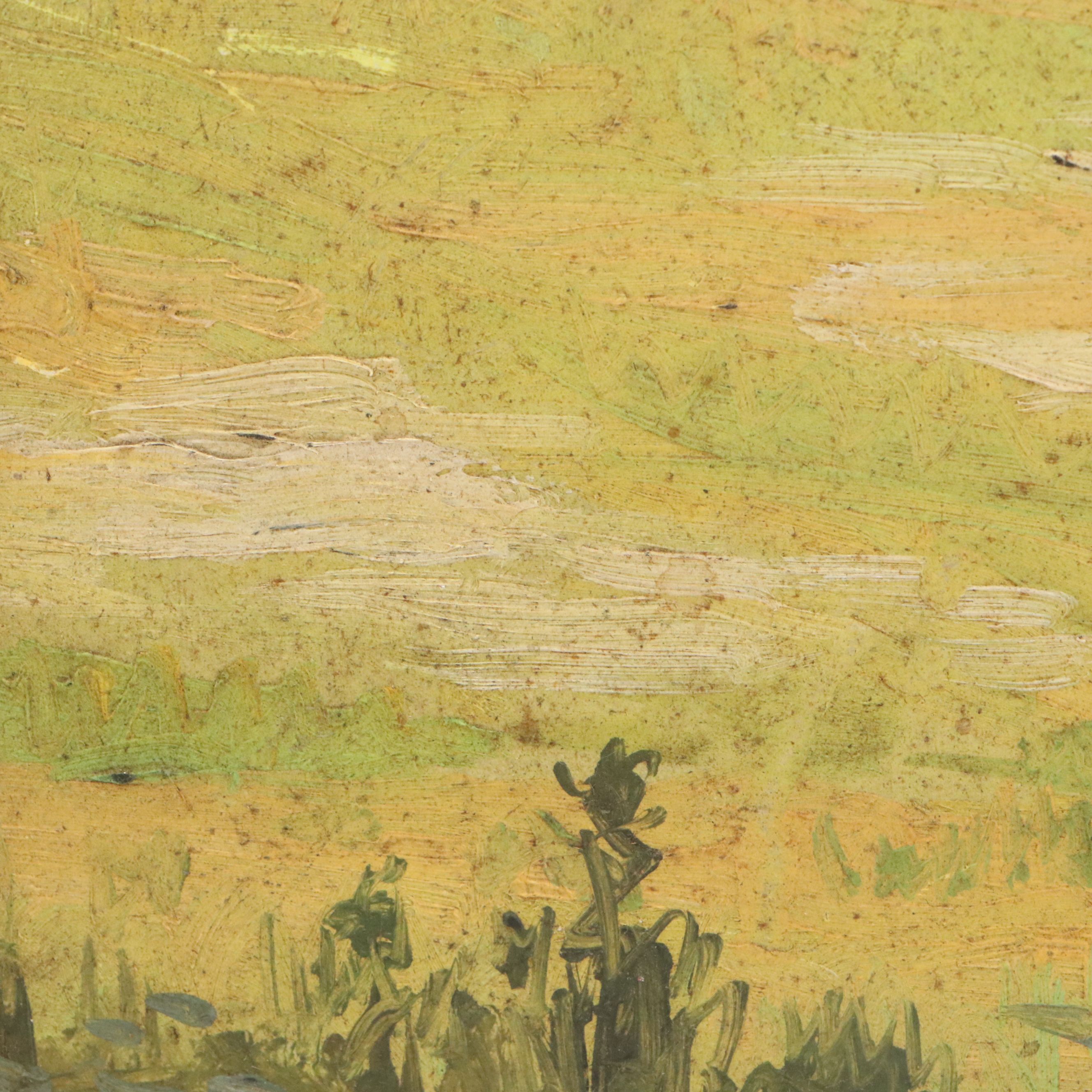 James Longacre Wood Rural Landscape Oil Painting of Red Barn, Circa 1920