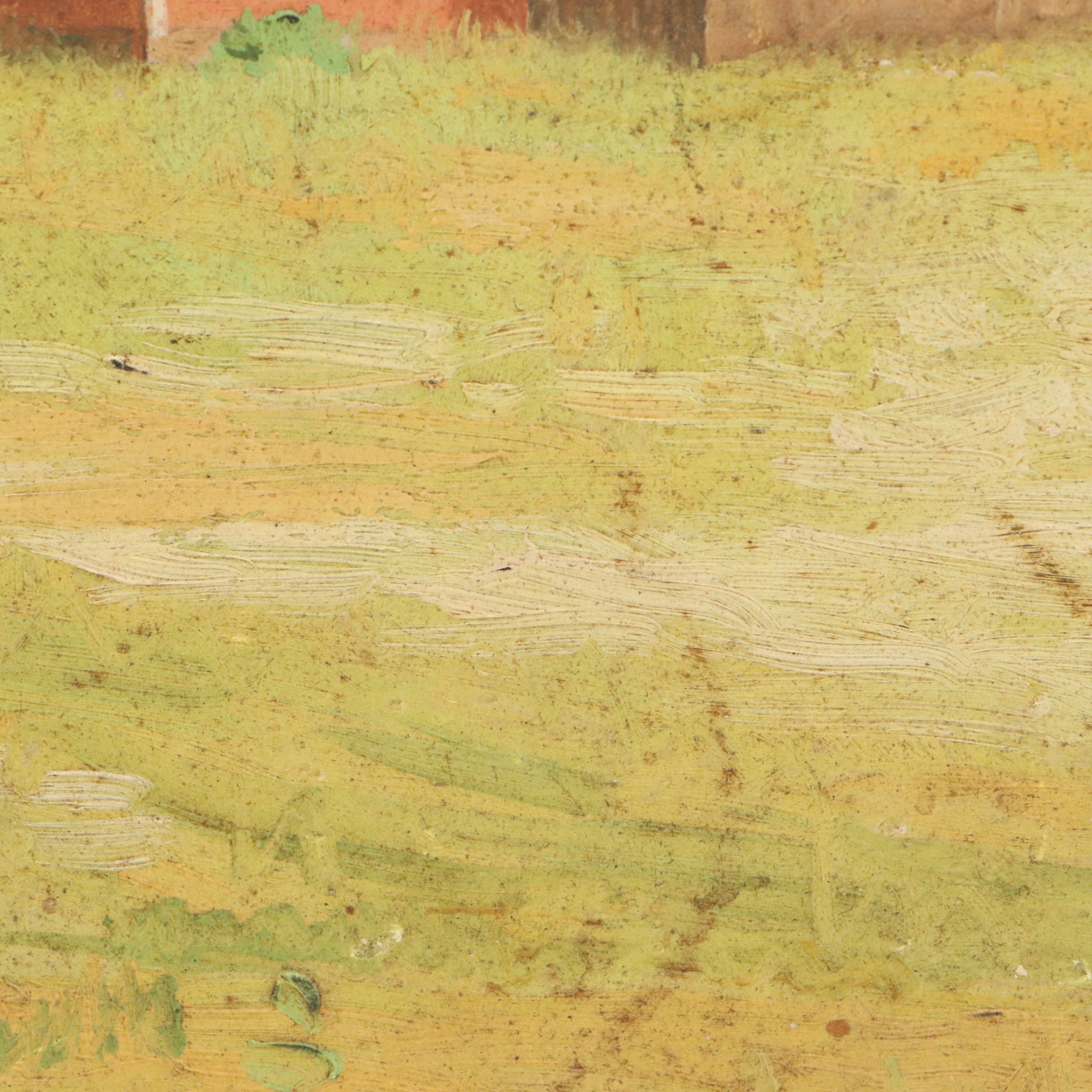 James Longacre Wood Rural Landscape Oil Painting of Red Barn, Circa 1920