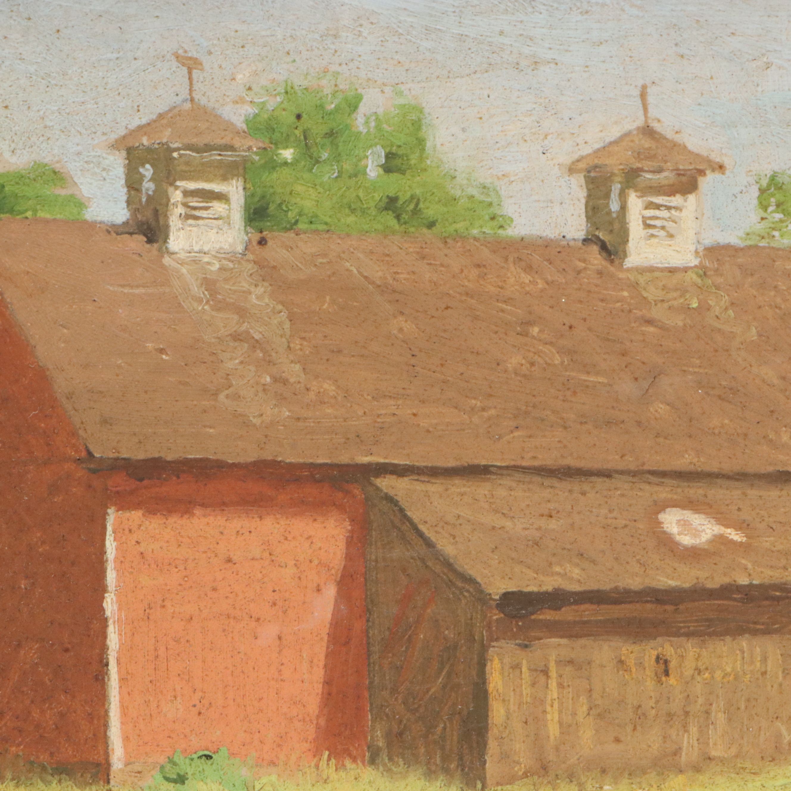 James Longacre Wood Rural Landscape Oil Painting of Red Barn, Circa 1920