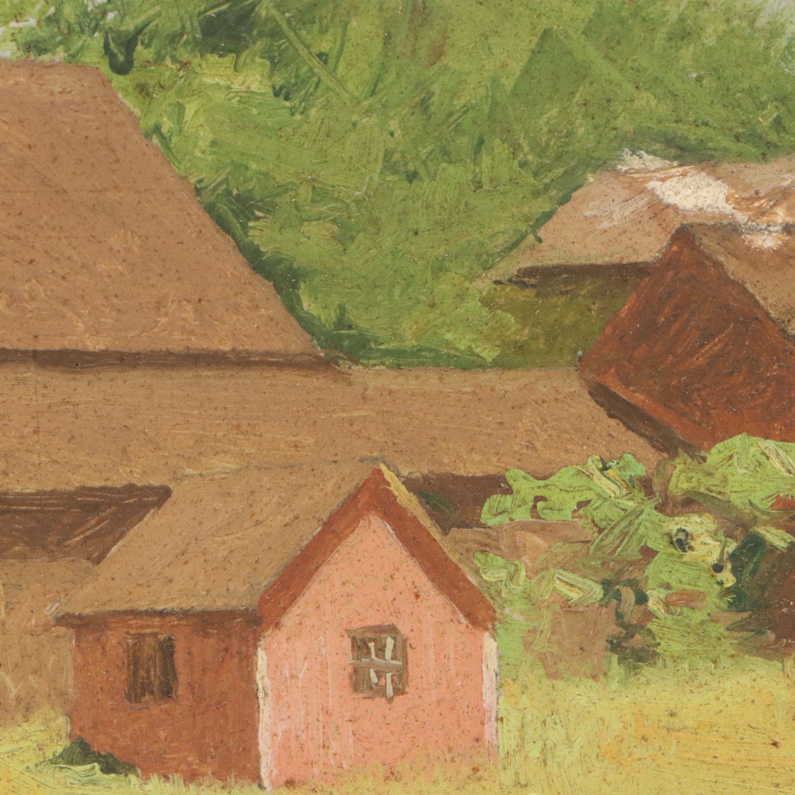 James Longacre Wood Rural Landscape Oil Painting of Red Barn, Circa 1920