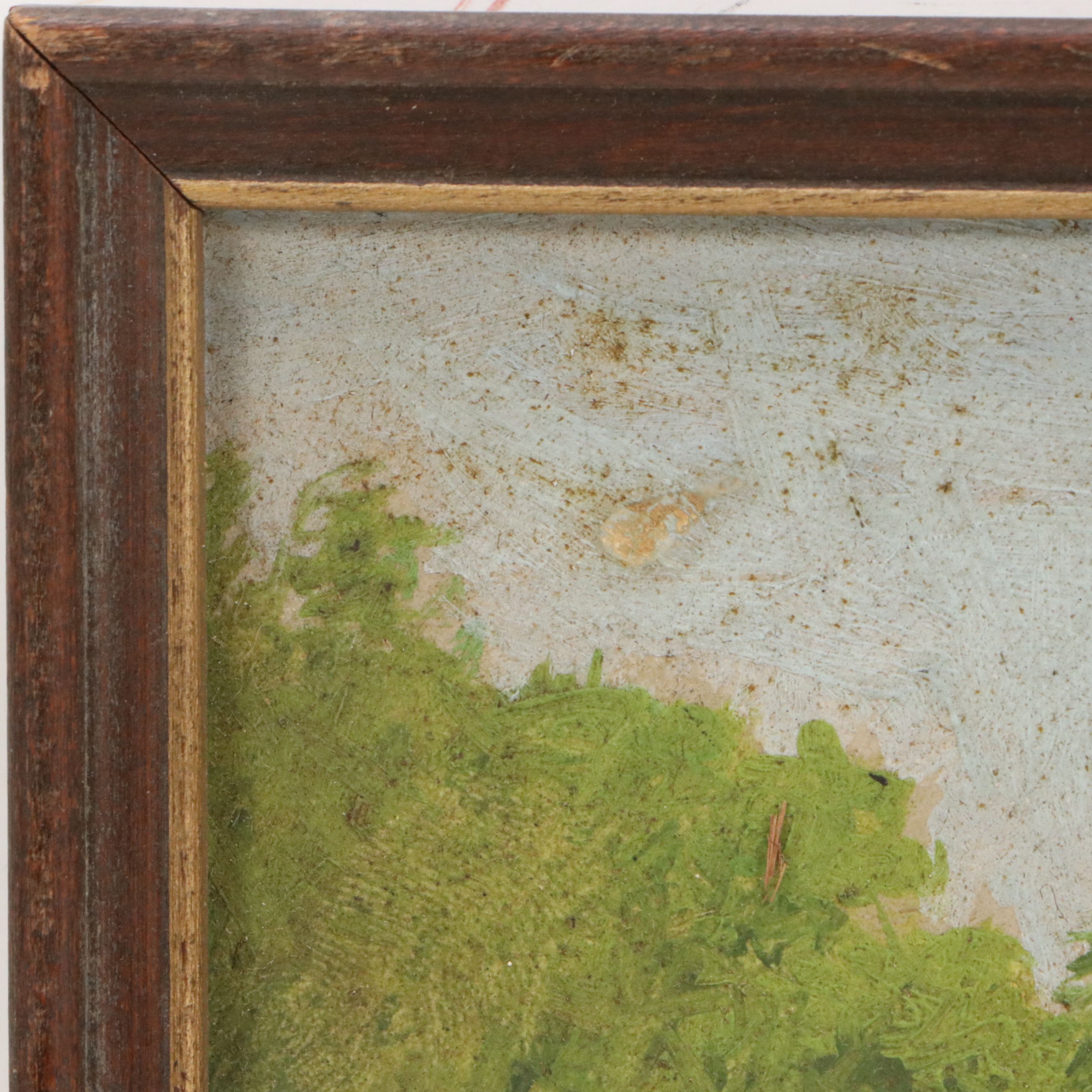 James Longacre Wood Rural Landscape Oil Painting of Red Barn, Circa 1920