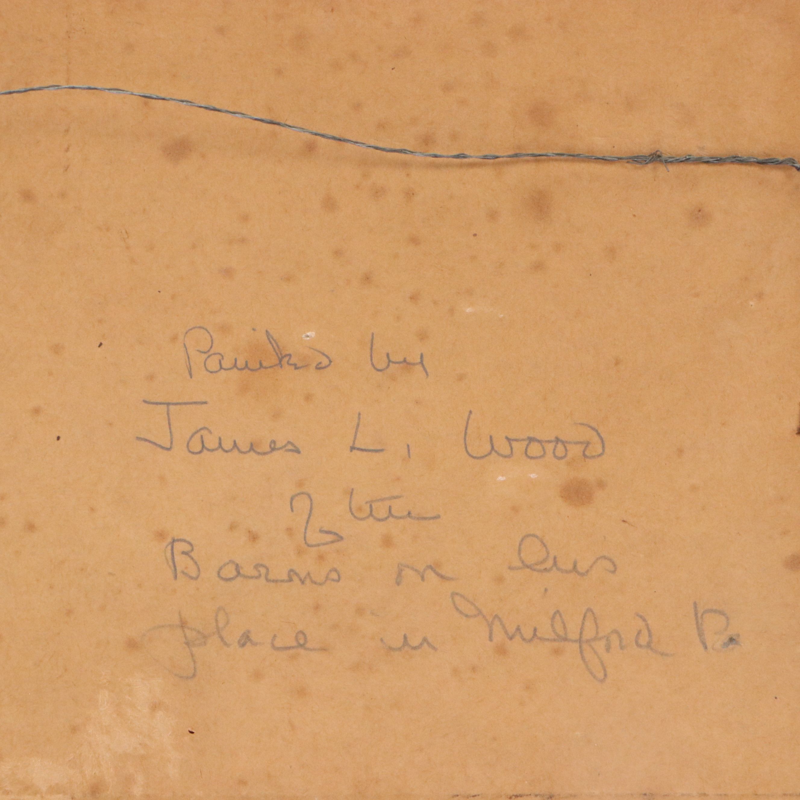 James Longacre Wood Rural Landscape Oil Painting of Red Barn, Circa 1920