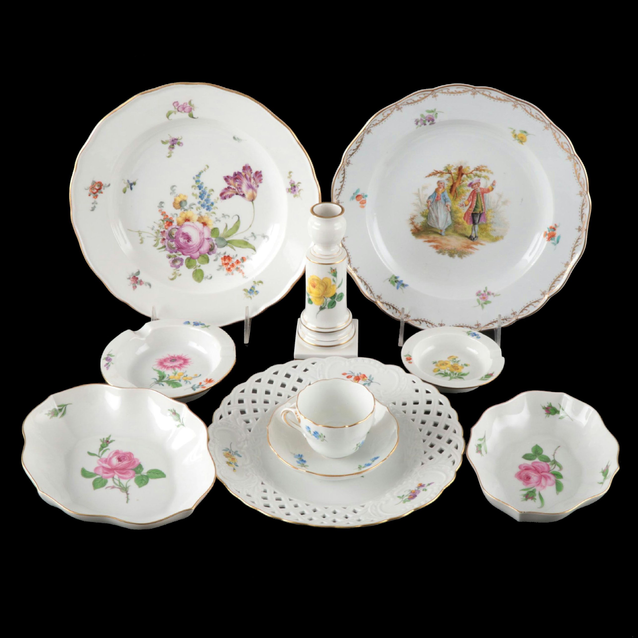 Meissen Floral Porcelain Plates with Trays and Other Tableware