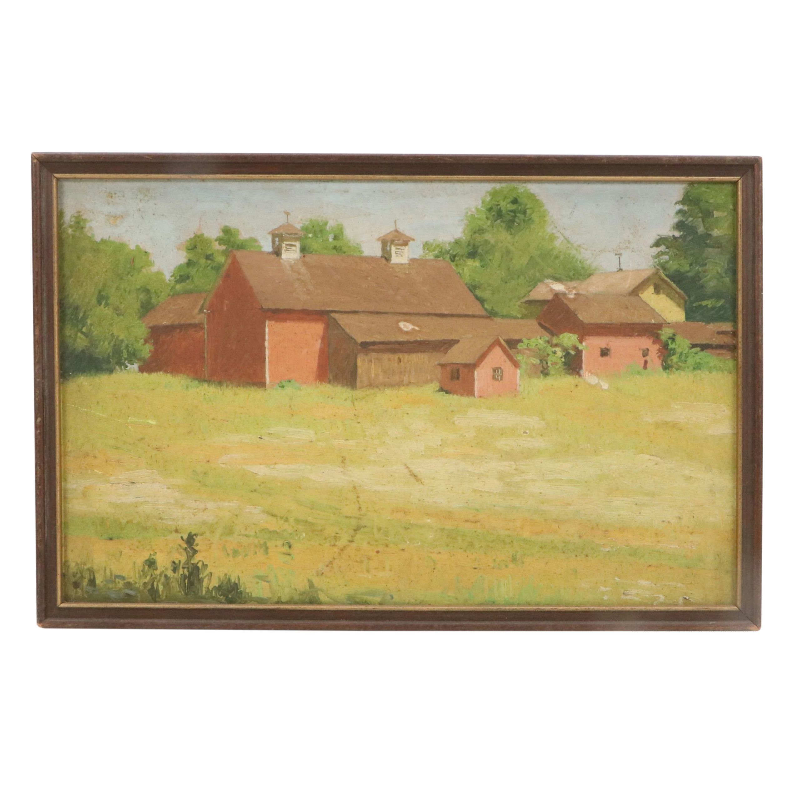 James Longacre Wood Rural Landscape Oil Painting of Red Barn, Circa 1920