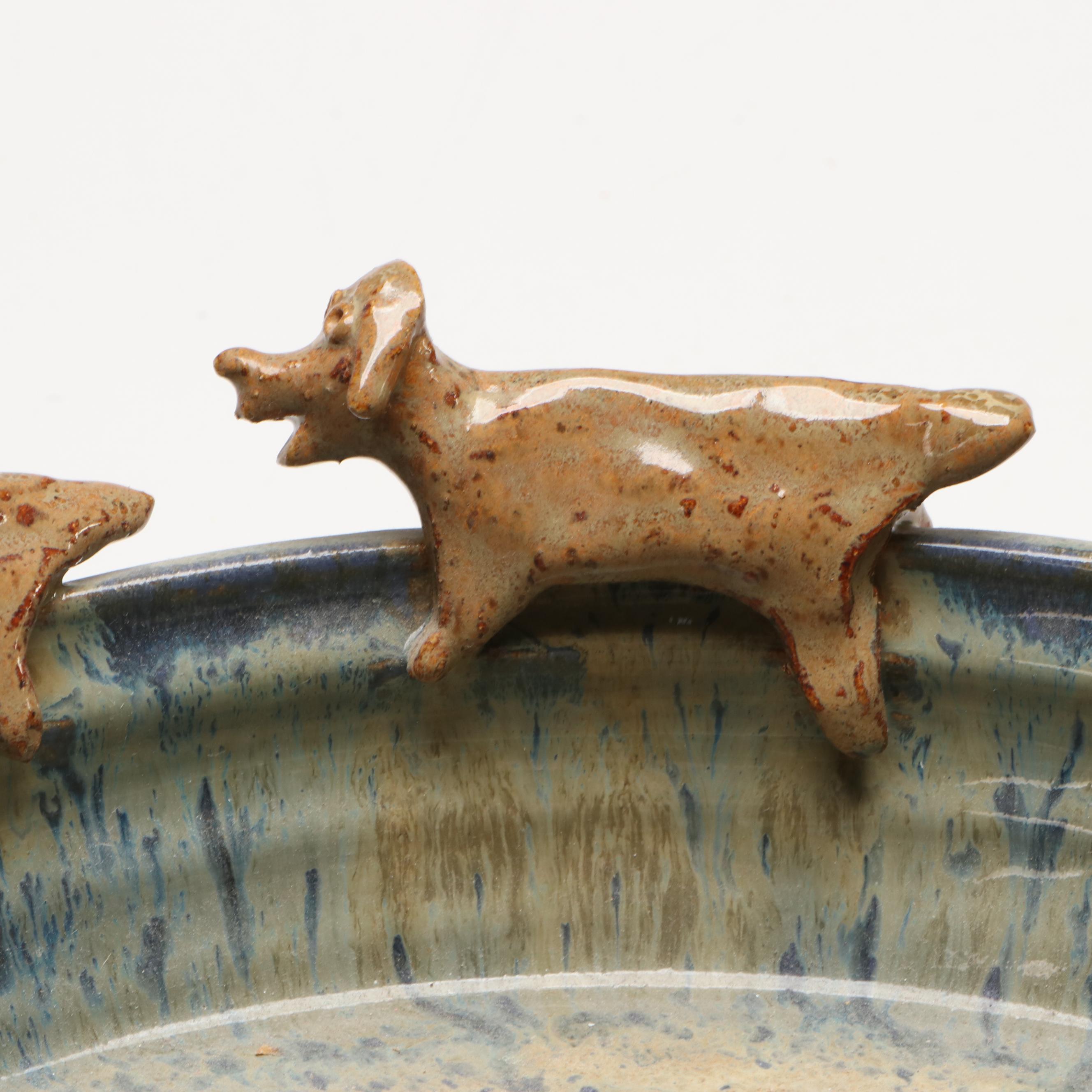 Signed Drip Glaze Art Pottery Decorated with Cats and Dogs, 1994