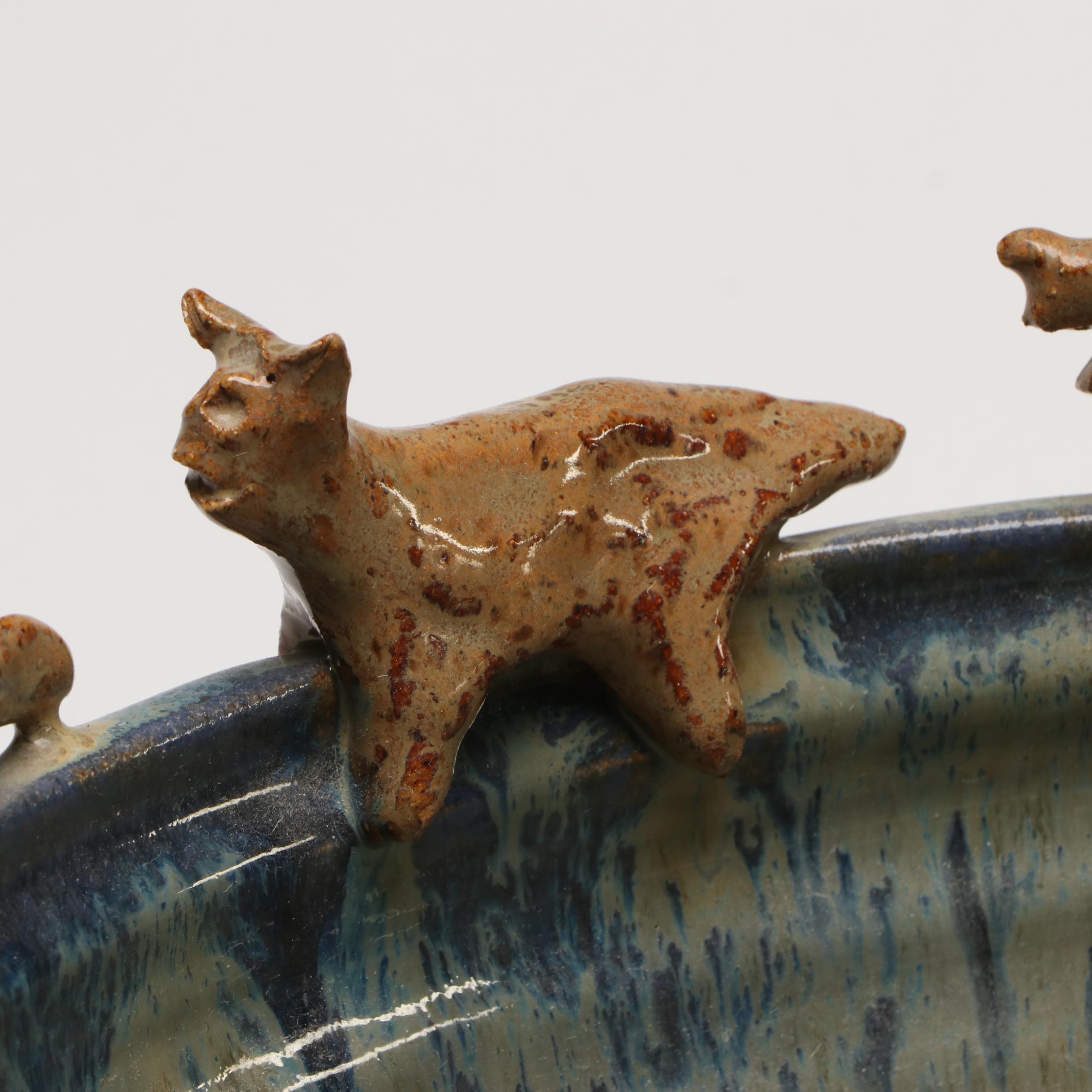 Signed Drip Glaze Art Pottery Decorated with Cats and Dogs, 1994