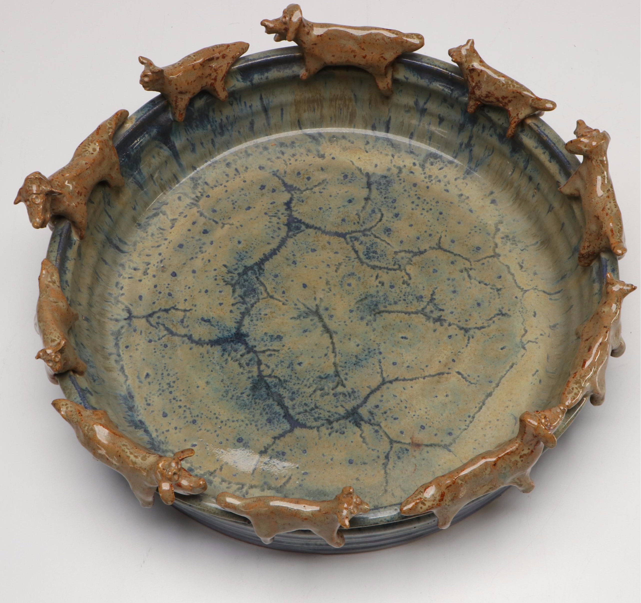 Signed Drip Glaze Art Pottery Decorated with Cats and Dogs, 1994