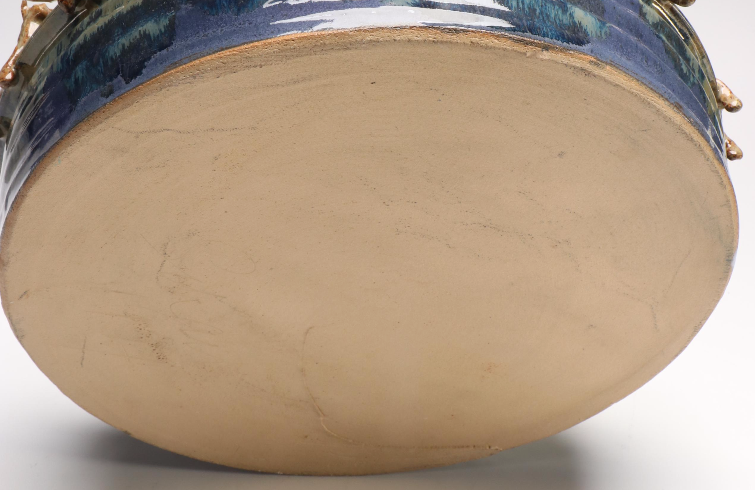 Signed Drip Glaze Art Pottery Decorated with Cats and Dogs, 1994