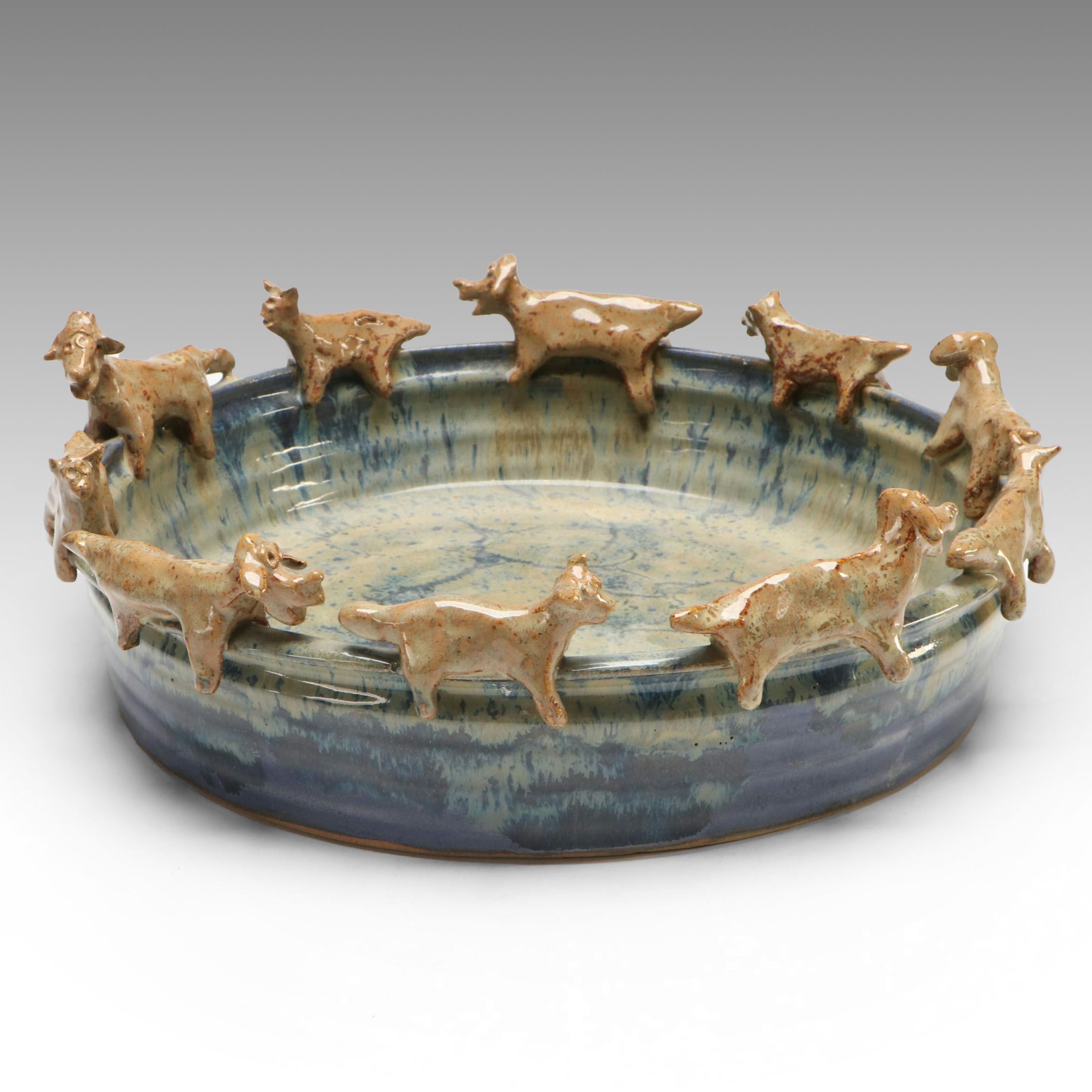 Signed Drip Glaze Art Pottery Decorated with Cats and Dogs, 1994