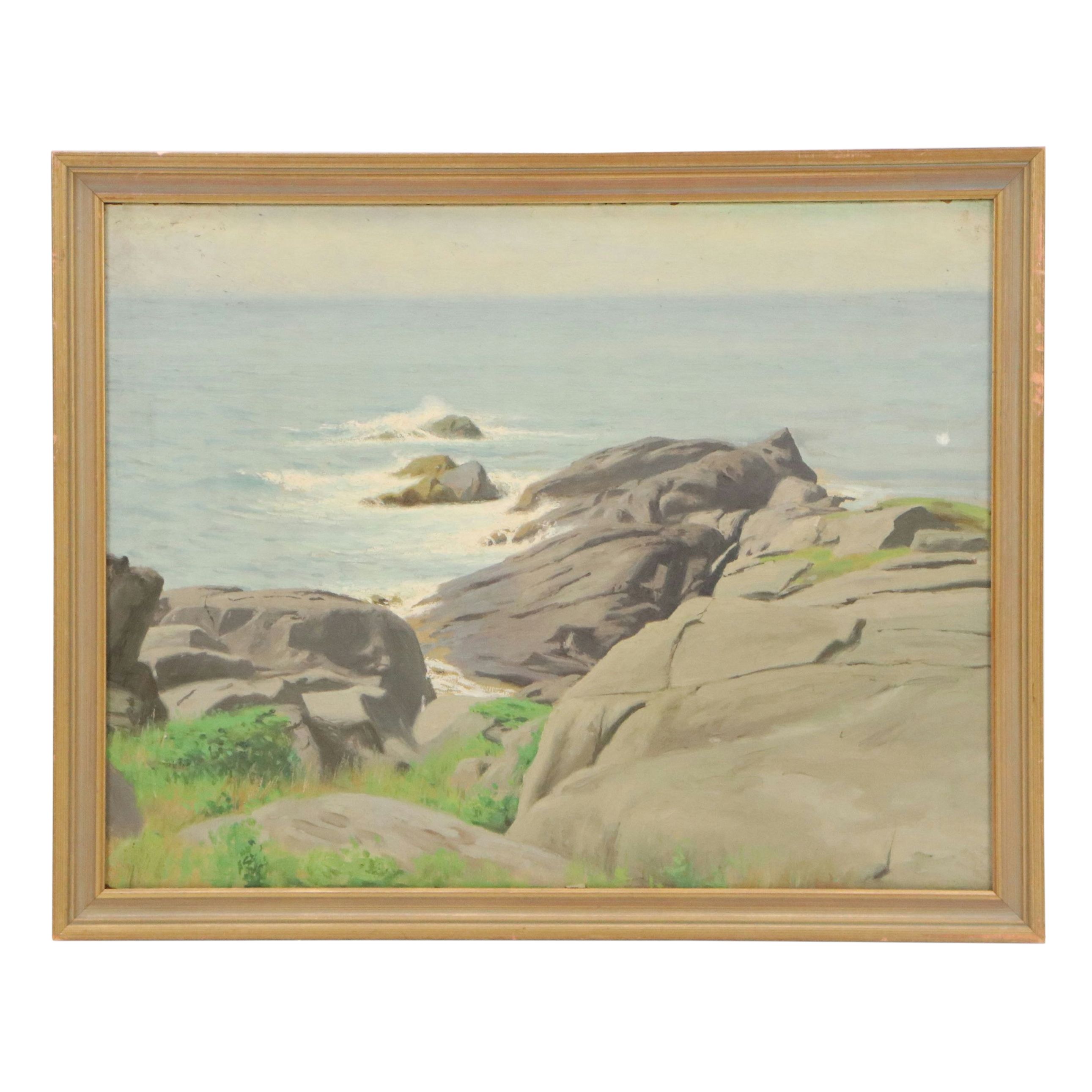 James Longacre Wood Seascape Oil Painting "Shore at Monhegan Island, Maine"