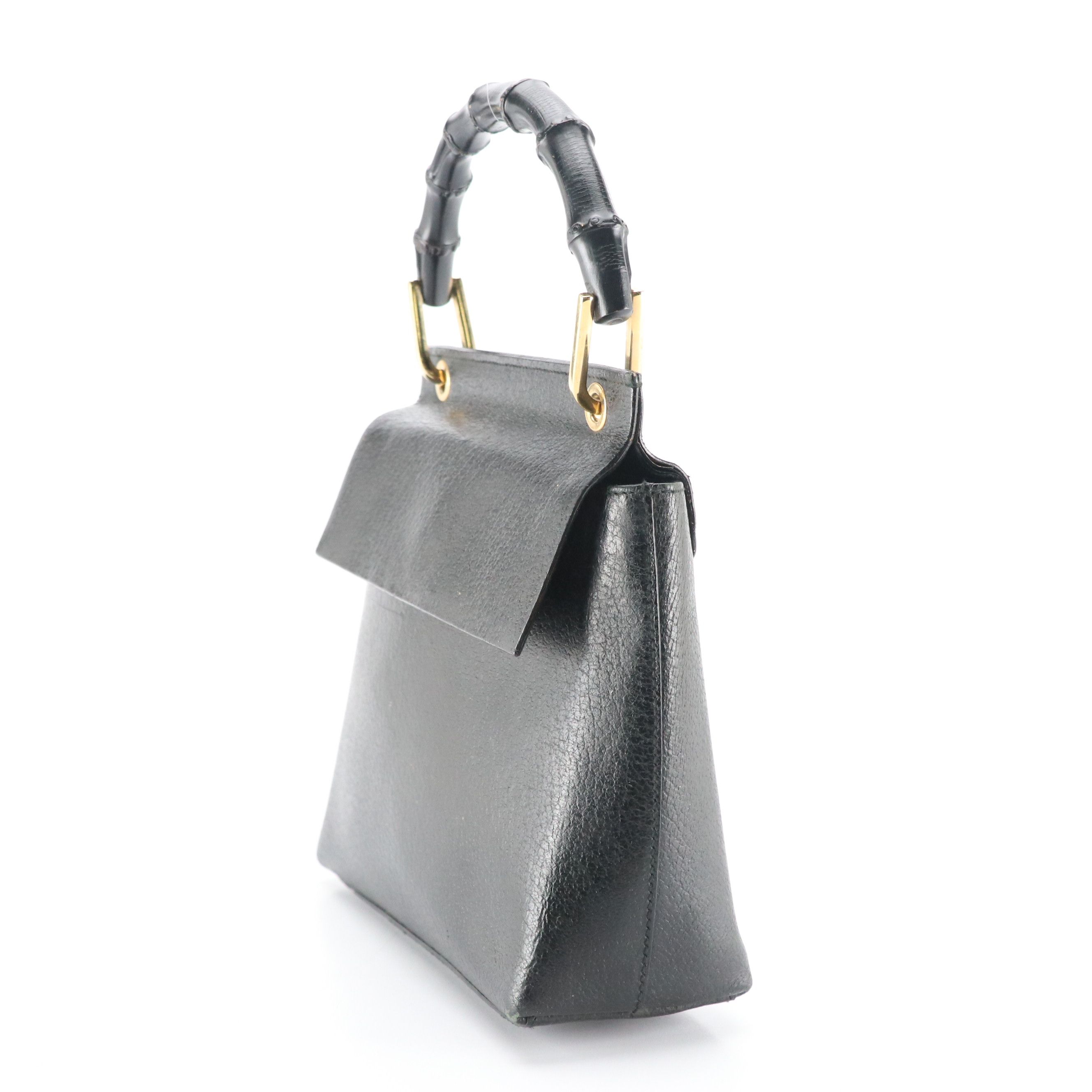 Gucci Bamboo Handle Flap Top Bag in Black Leather