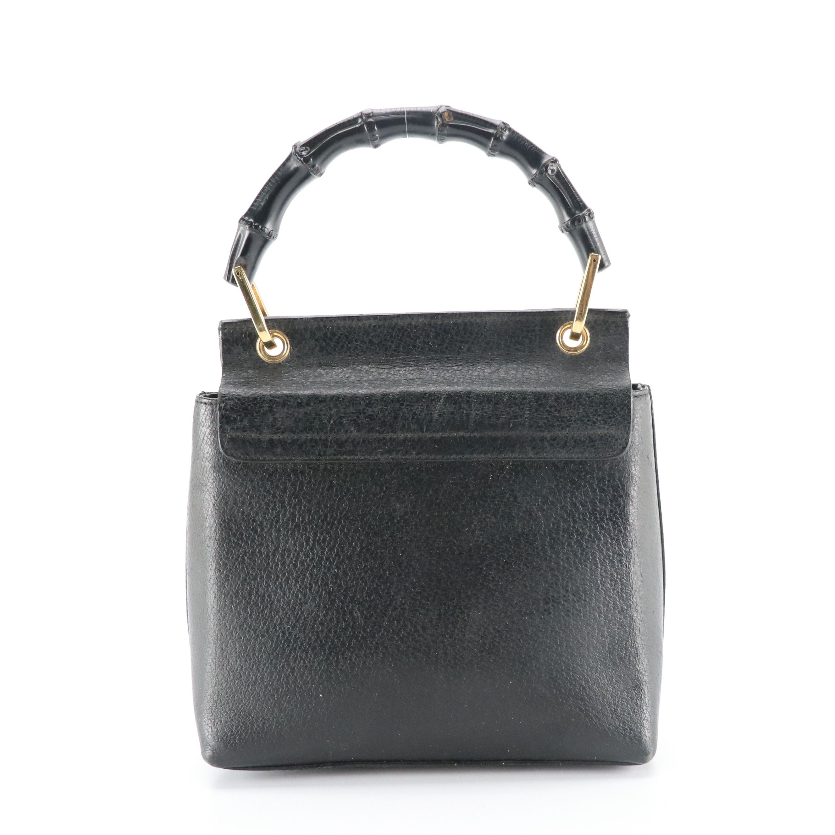 Gucci Bamboo Handle Flap Top Bag in Black Leather