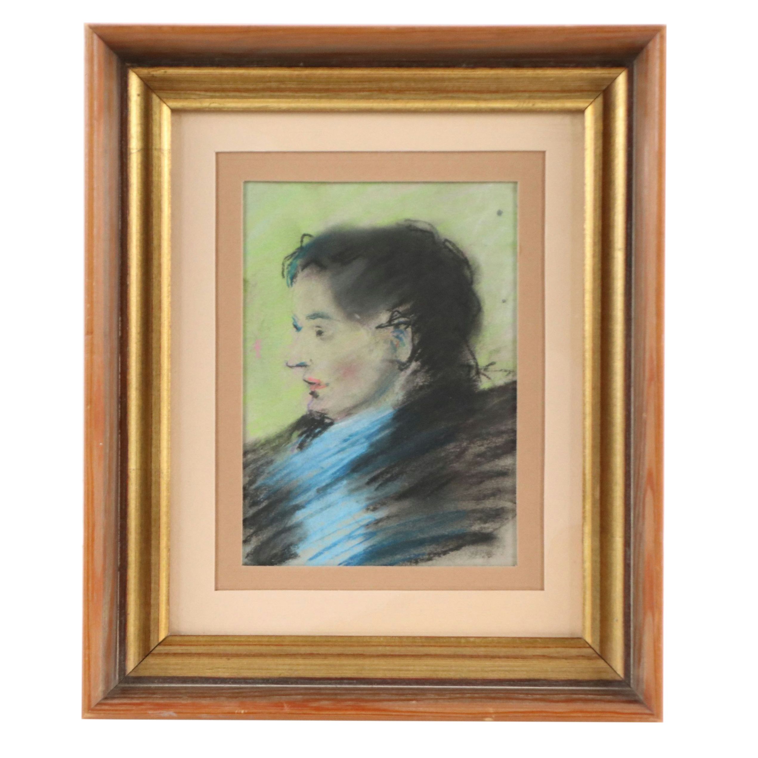 Bernard Lennon Pastel Portrait Drawing of Woman in Profile