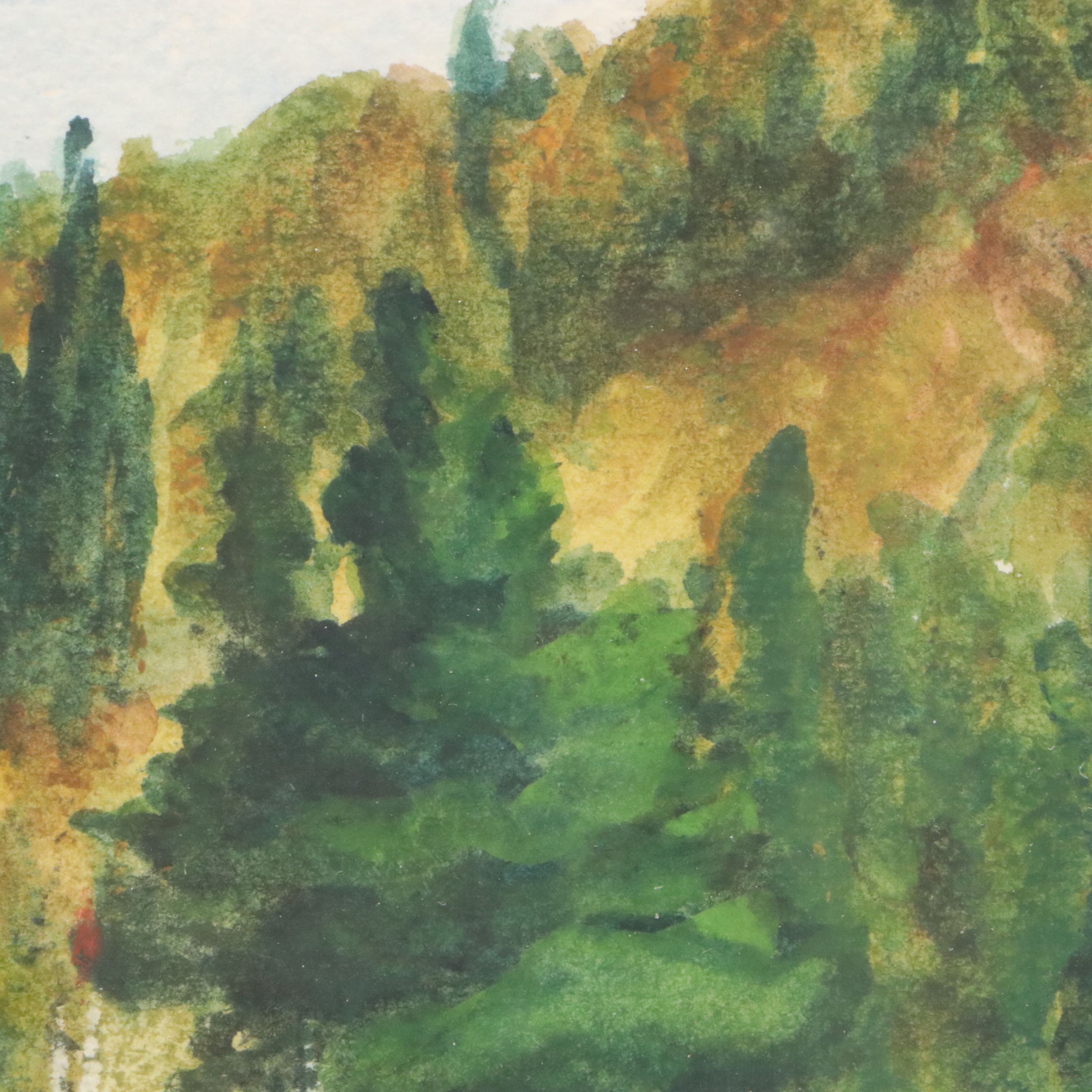 F. Pogue Mountainous Landscape Watercolor Painting