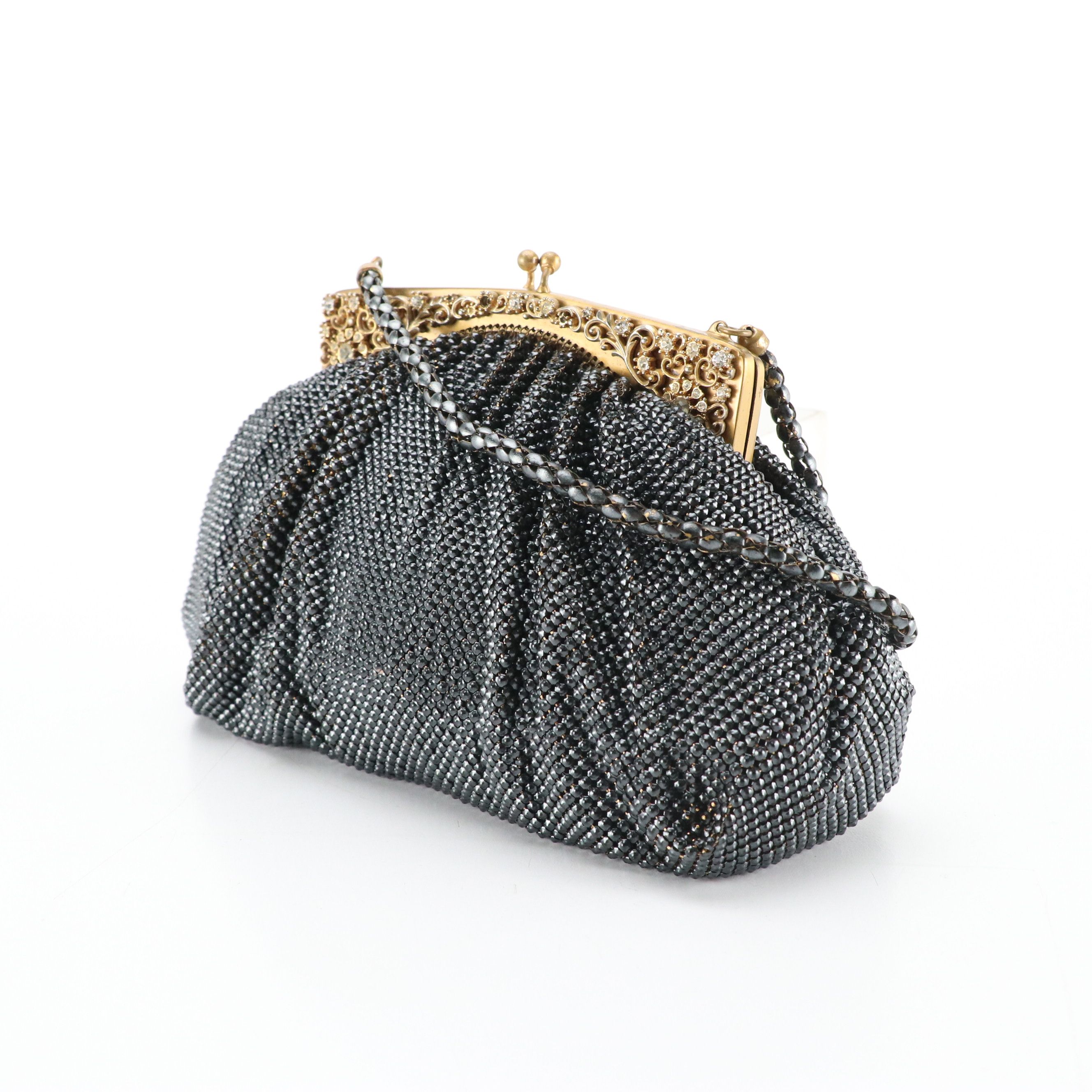 Whiting & Davis Navy Blue Beaded Embellished Frame Evening Bag, Circa 1940s