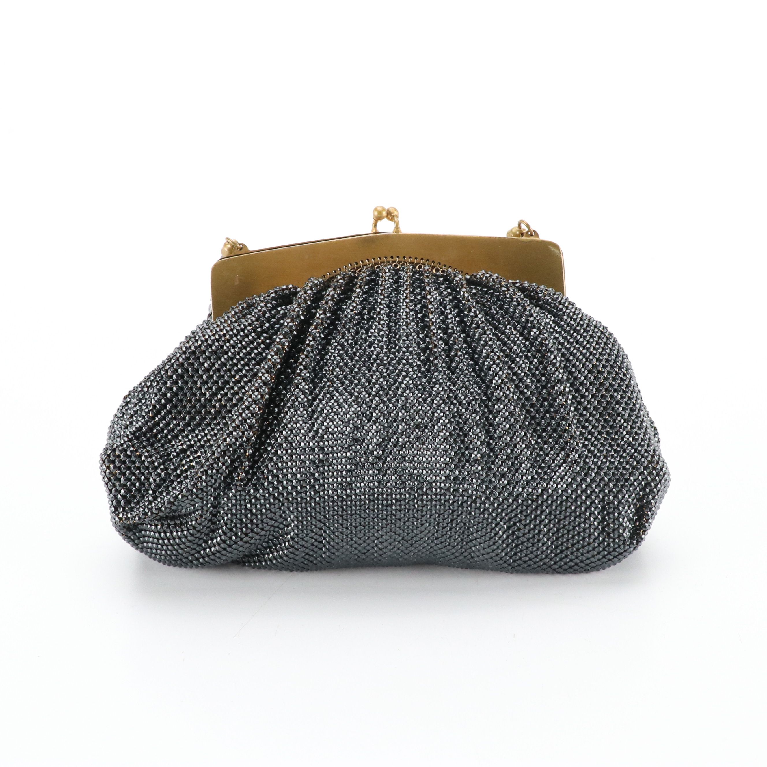 Whiting & Davis Navy Blue Beaded Embellished Frame Evening Bag, Circa 1940s