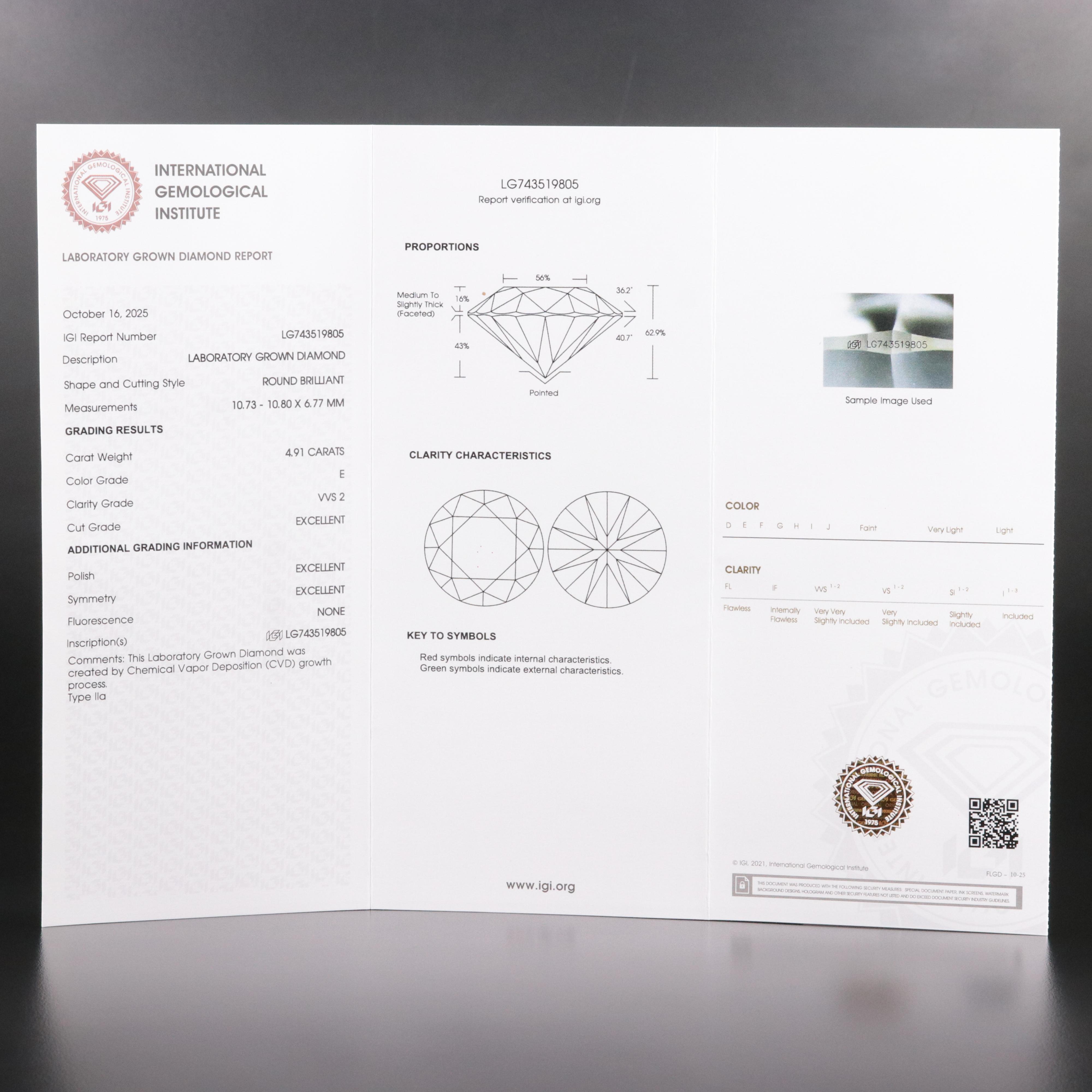Loose 4.91 CT Lab Grown Diamond with IGI Report