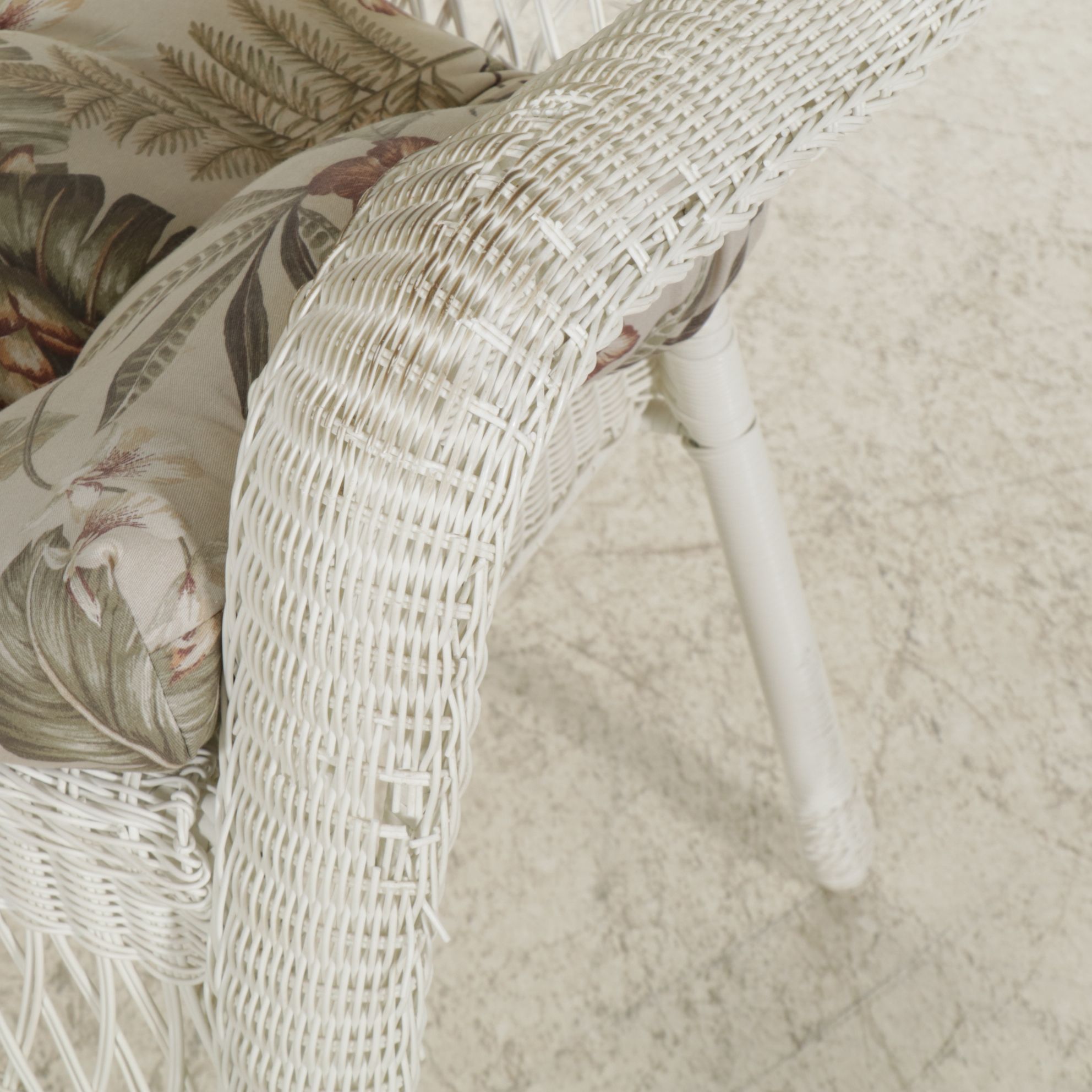 White Faux Rattan Wicker Patio Loveseat, Rocking Chair, and Side Table